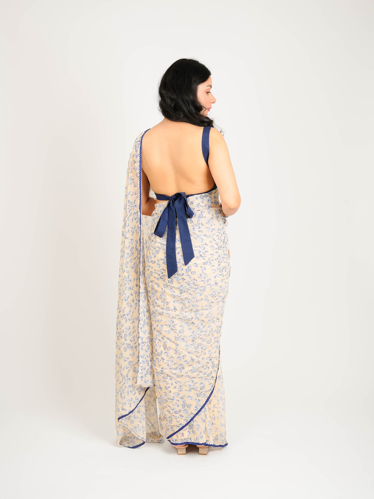 MONOMEE IDA BEIGE FLORAL PRINTED PRE-DRAPED GEORGETTE SAREE WITH BLOUSE