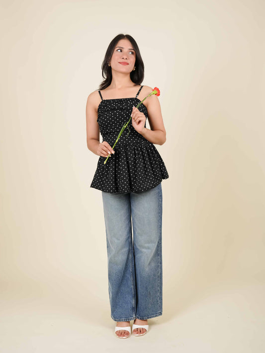 MONOMEE PEBLA BLACK POLKA DOT BUBBLE TOP