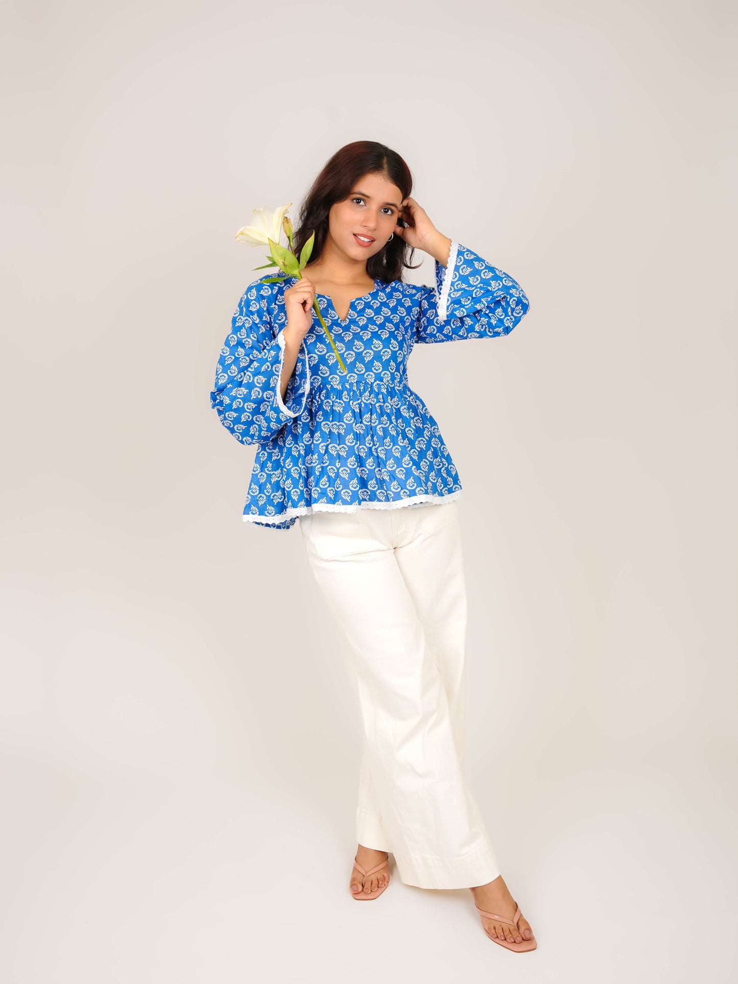 MONOMEE LEA INDIGO LACE BELL SLEEVE SHORT KURTI