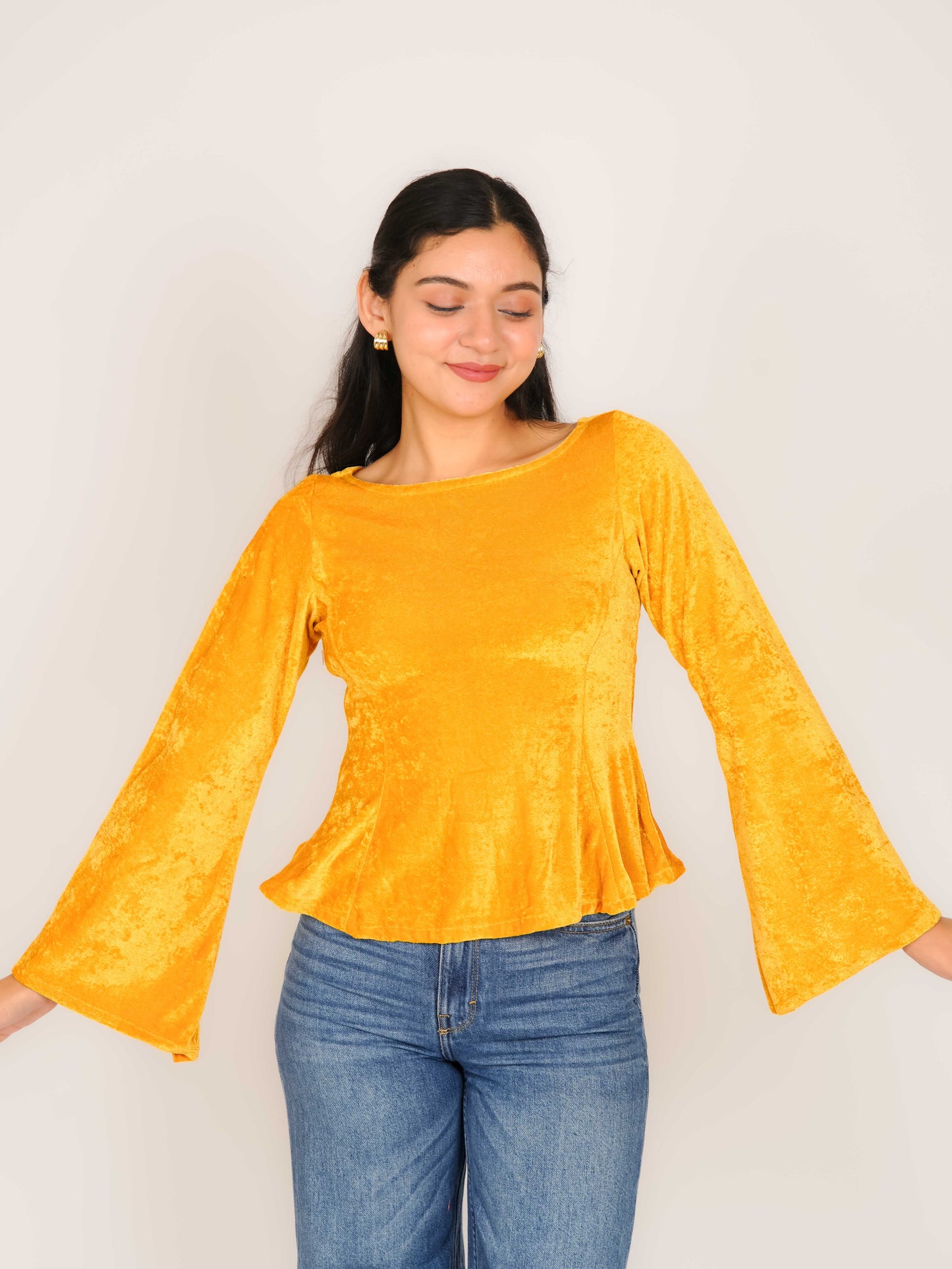 MONOMEE PABLA YELLOW VELVET BELL SLEEVE TOP