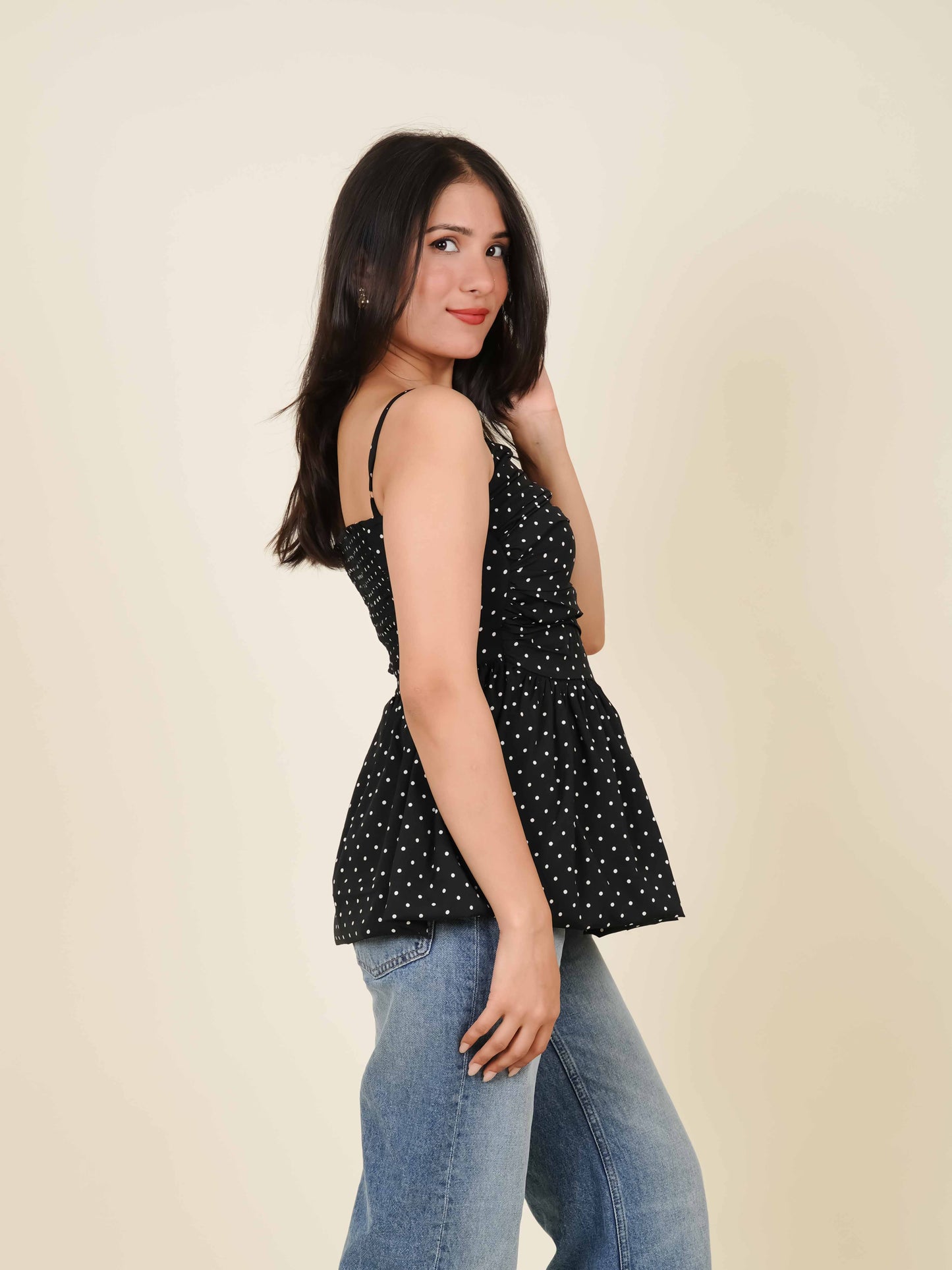 MONOMEE PEBLA BLACK POLKA DOT BUBBLE TOP