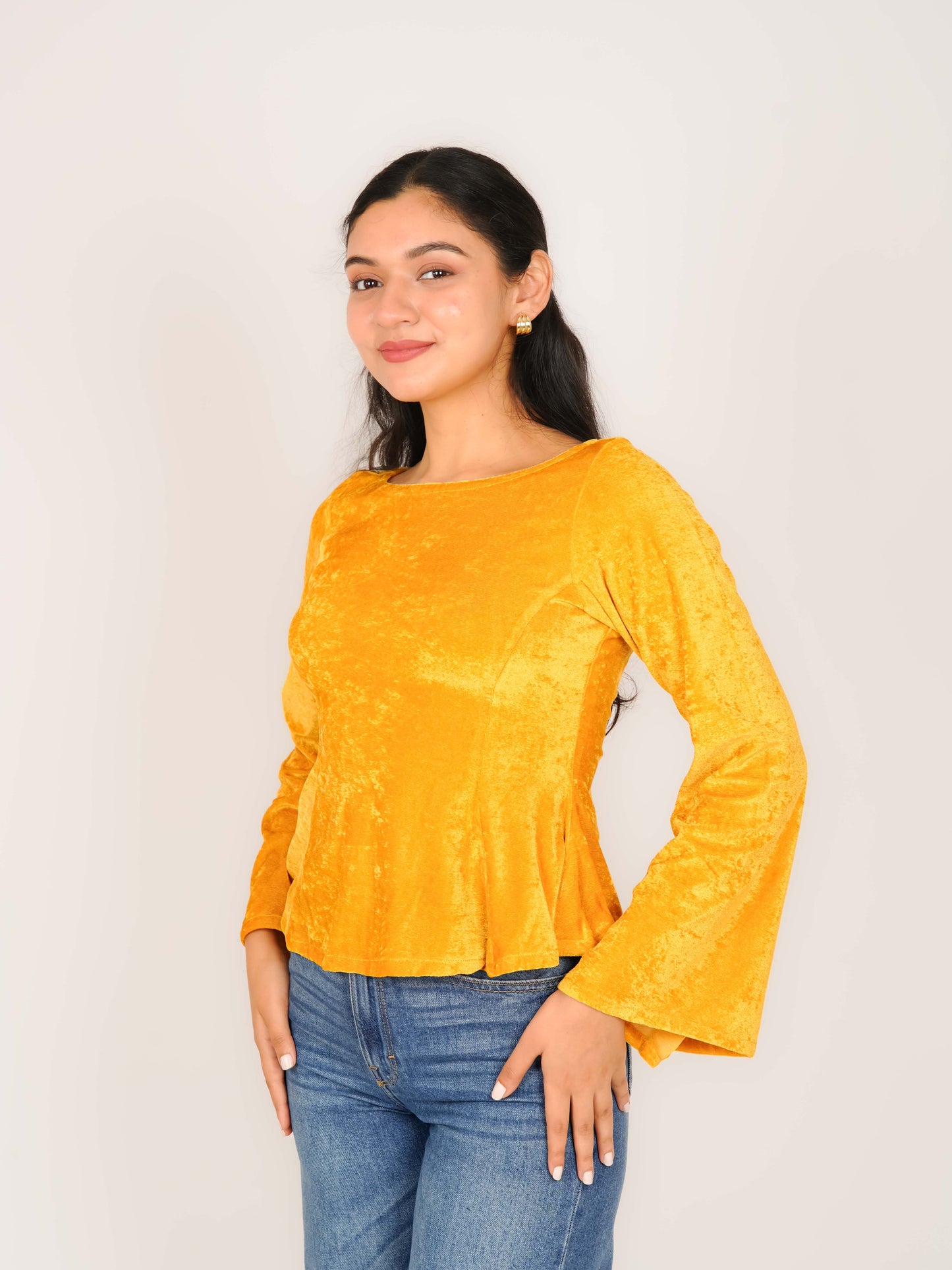 MONOMEE PABLA YELLOW VELVET BELL SLEEVE TOP