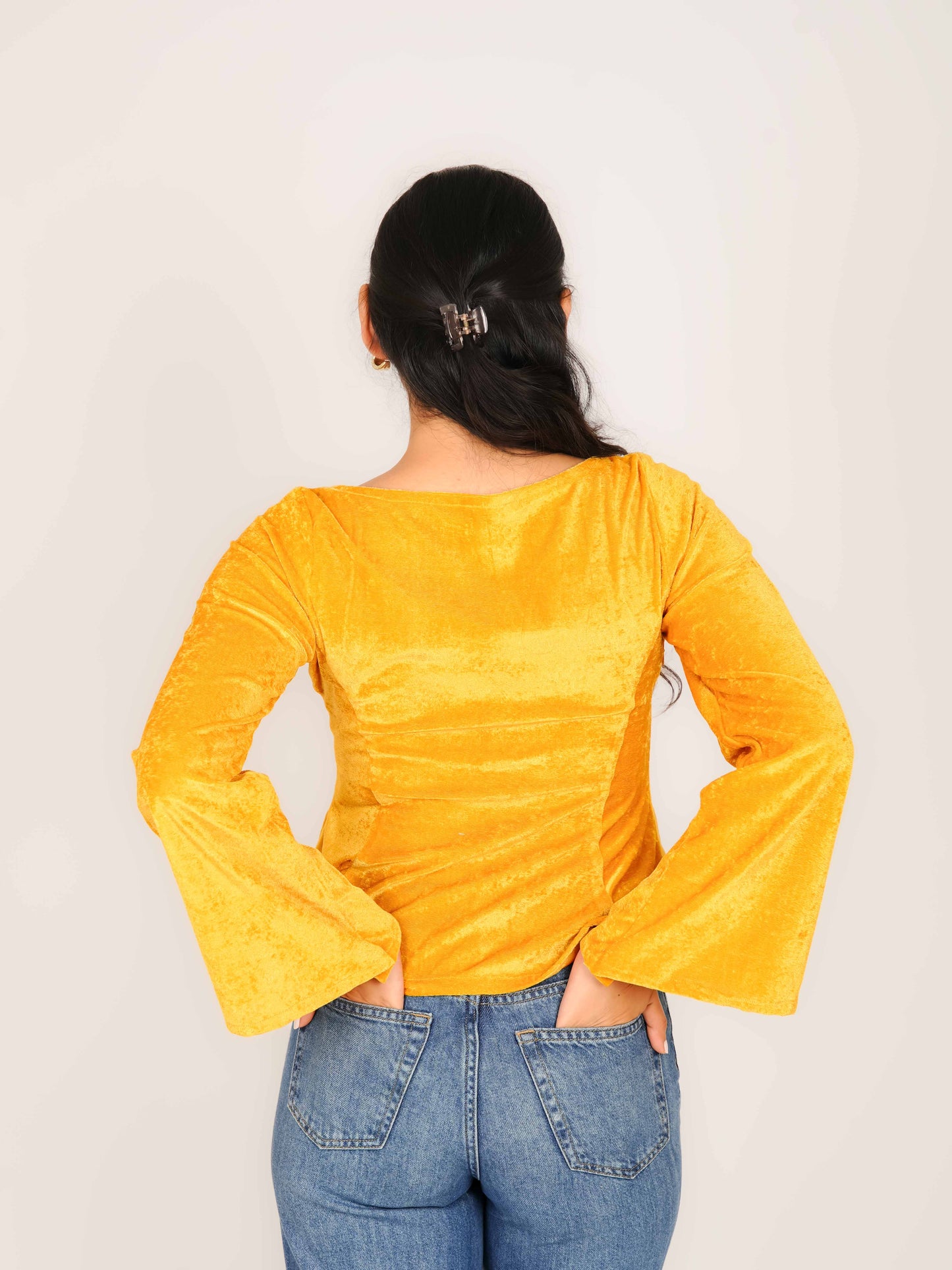 MONOMEE PABLA YELLOW VELVET BELL SLEEVE TOP