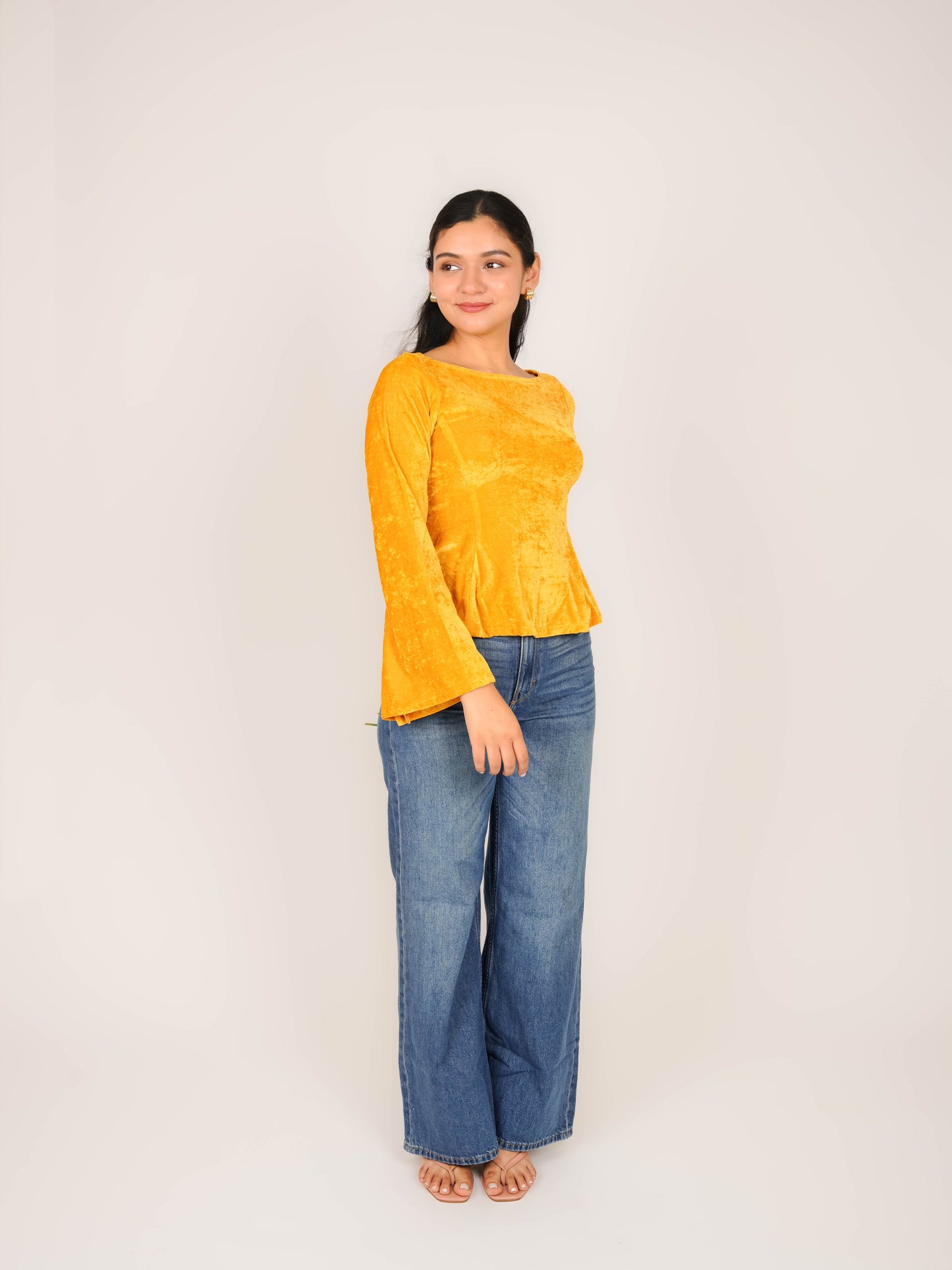 MONOMEE PABLA YELLOW VELVET BELL SLEEVE TOP