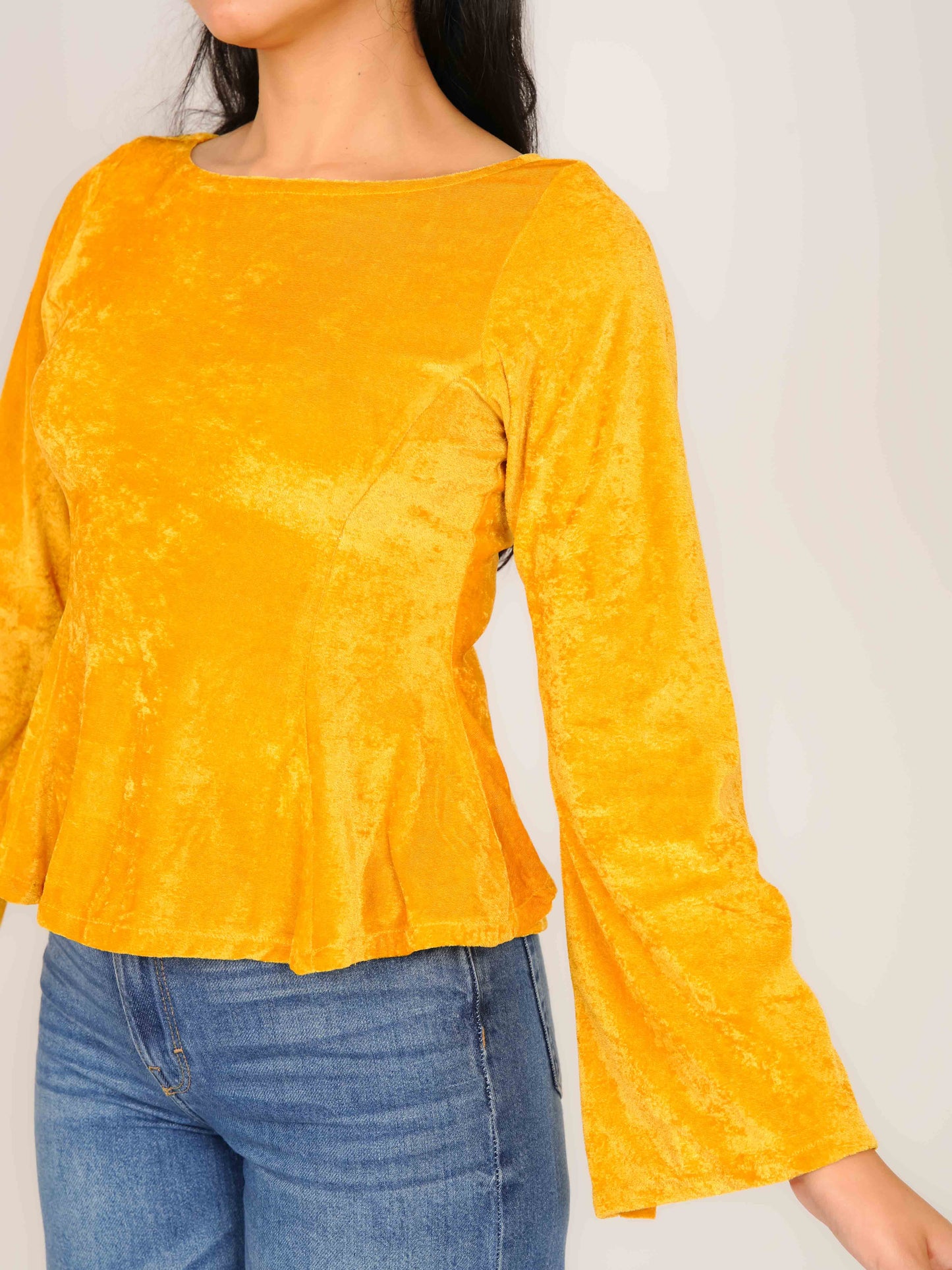 MONOMEE PABLA YELLOW VELVET BELL SLEEVE TOP