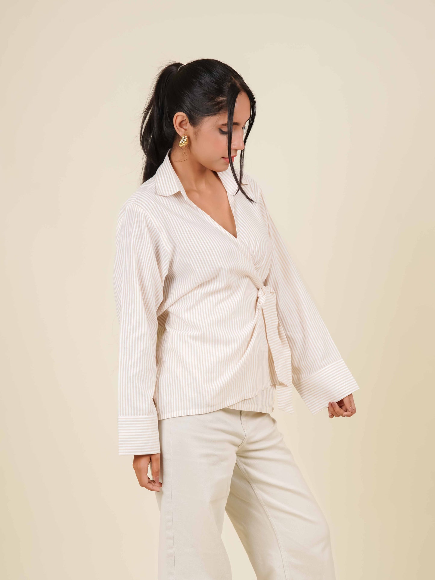 MONOMEE CLEMENTINE STRIPE BEIGE WRAP TOP