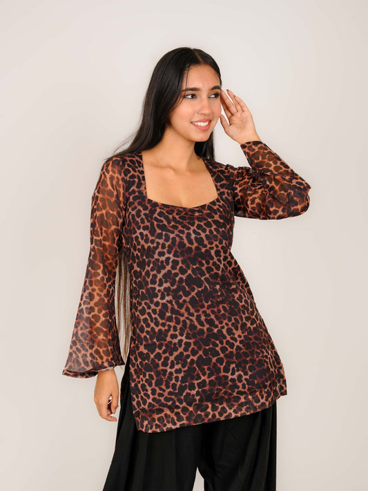 MONOMEE INAAYA LEOPARD PRINT BELL SLEEVE KURTI
