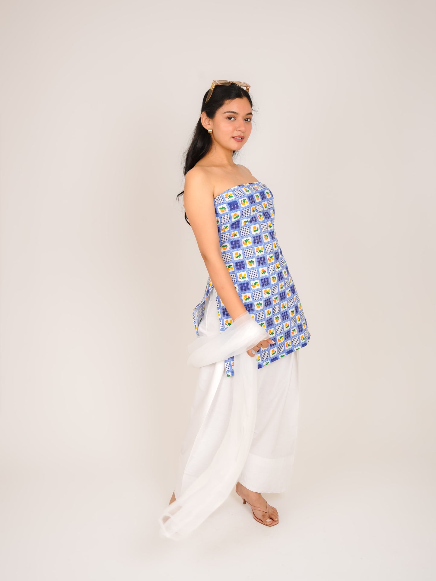 ISHIRA BLUE GINGHAM FARSHI SALWAR SUIT SET WITH DUPATTA