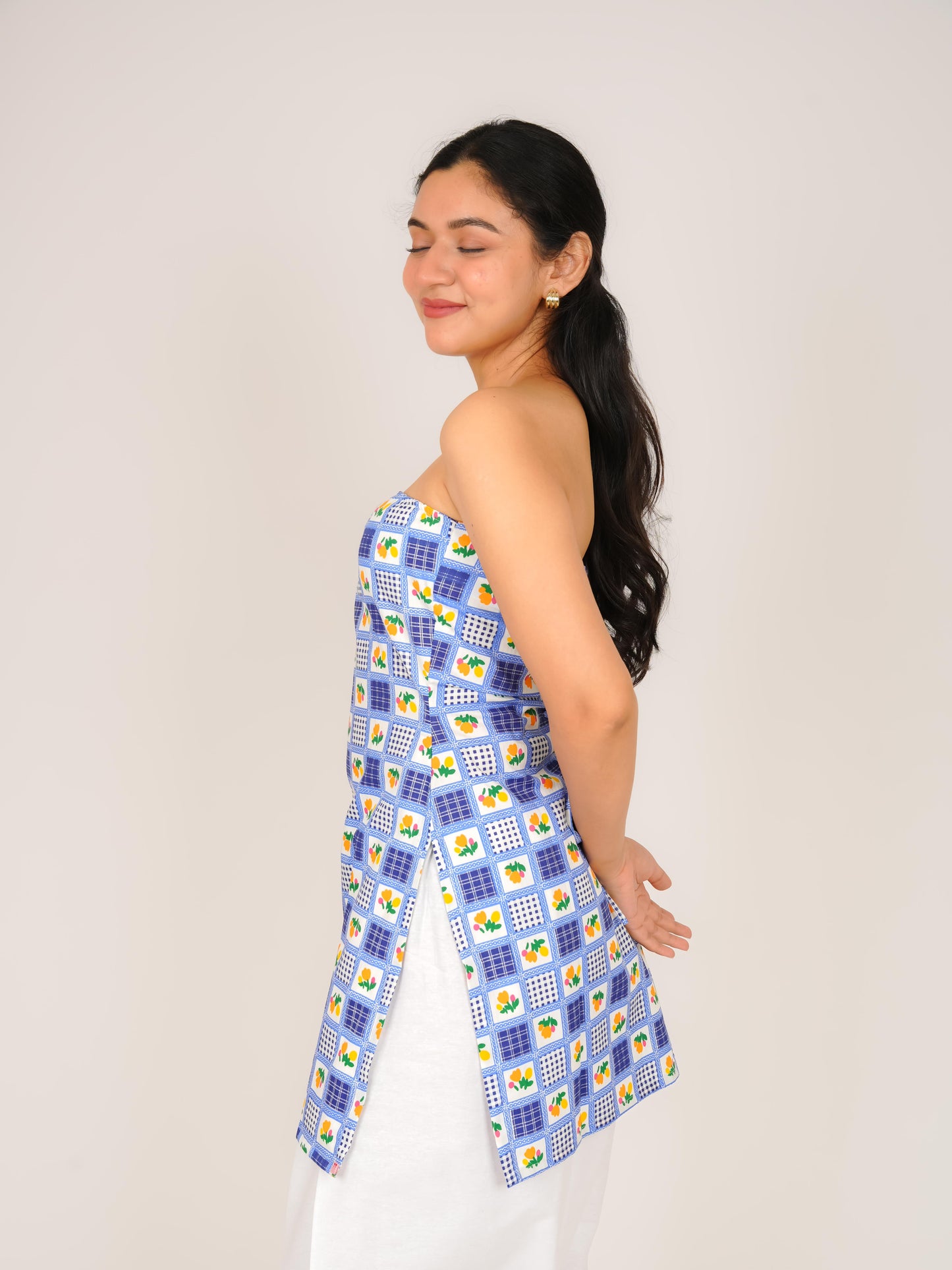 MONOMEE REEVA FLORAL PRINT GINGHAM TUBE KURTI