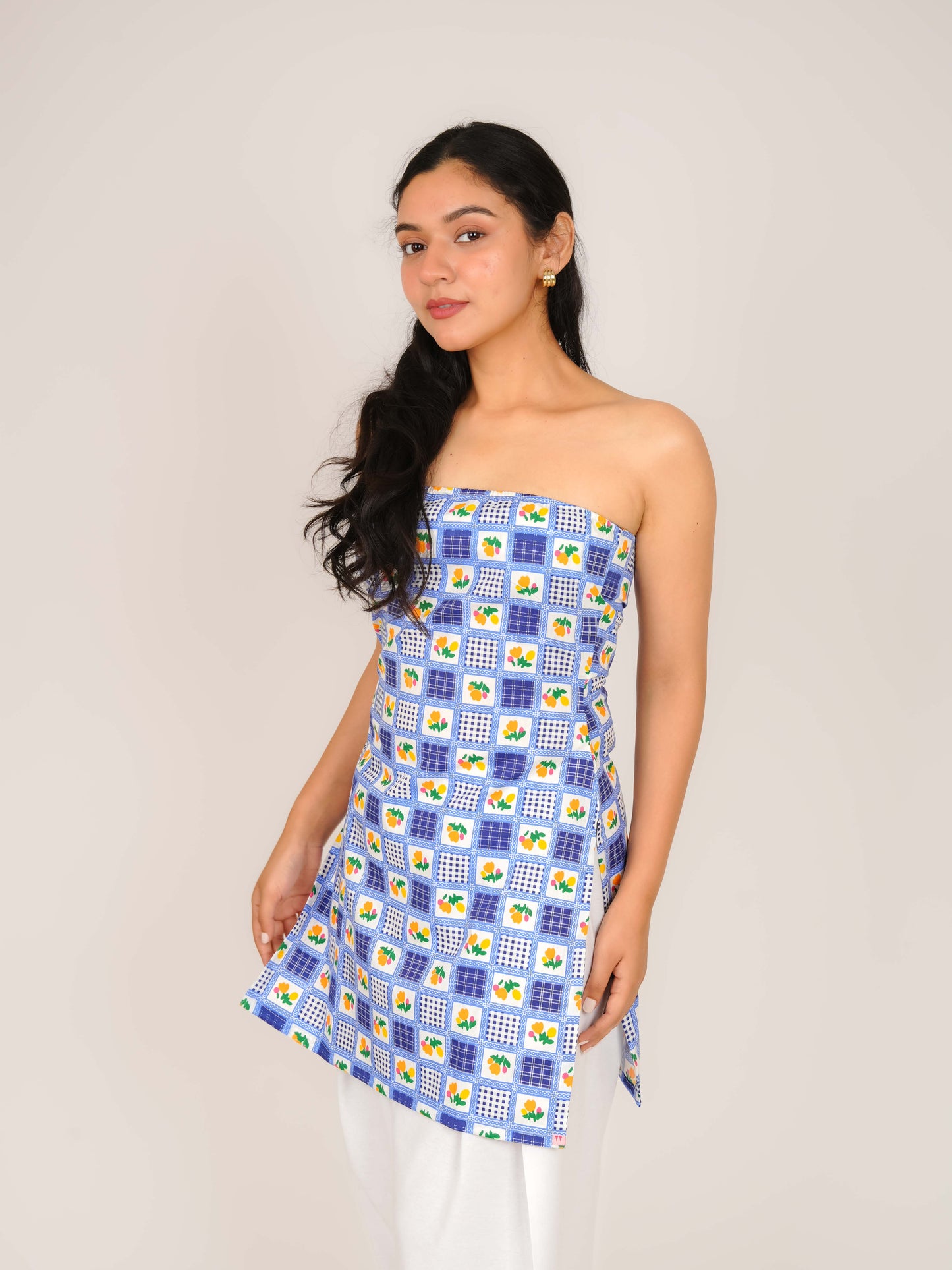 MONOMEE REEVA FLORAL PRINT GINGHAM TUBE KURTI
