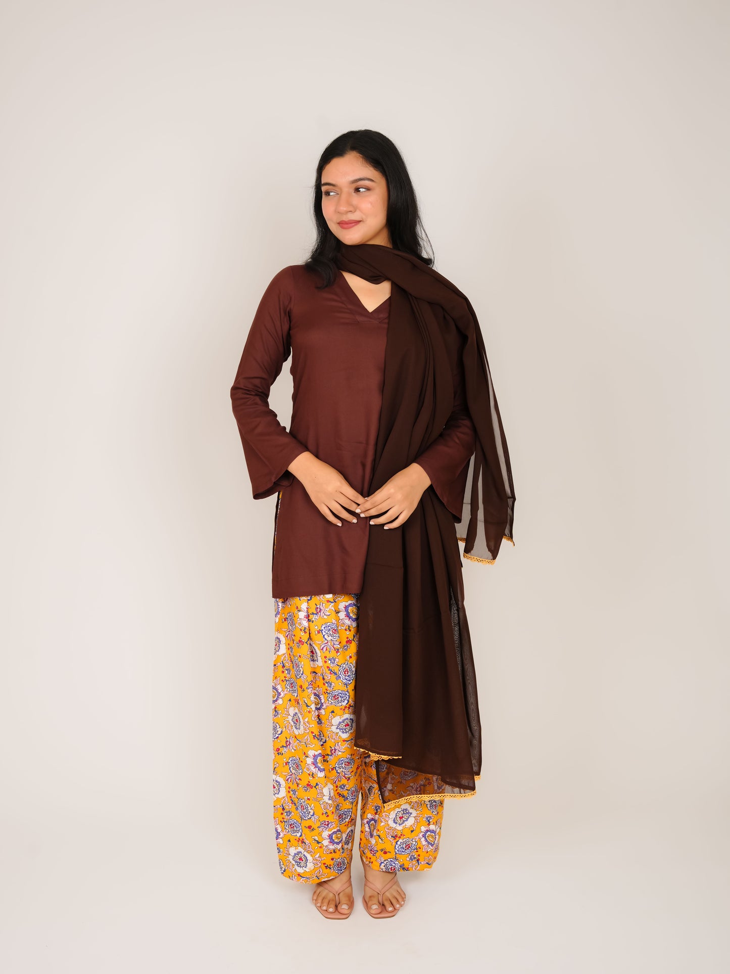 RIYAANSHI BROWN FARSHI SALWAR SUIT SET WITH DUPATTA