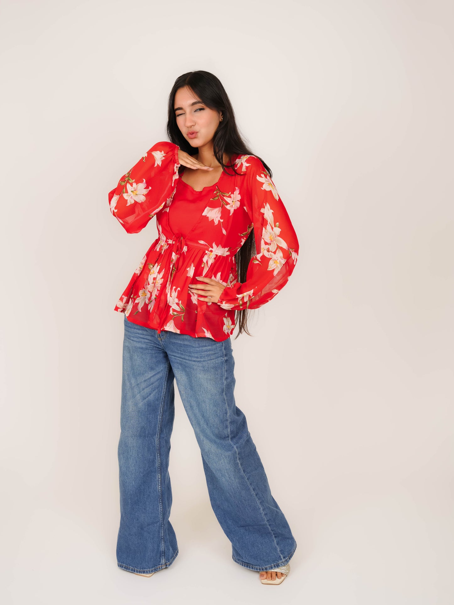 MONOMEE JULIET RED PUFF SLEEVE TOP WITH SLIP