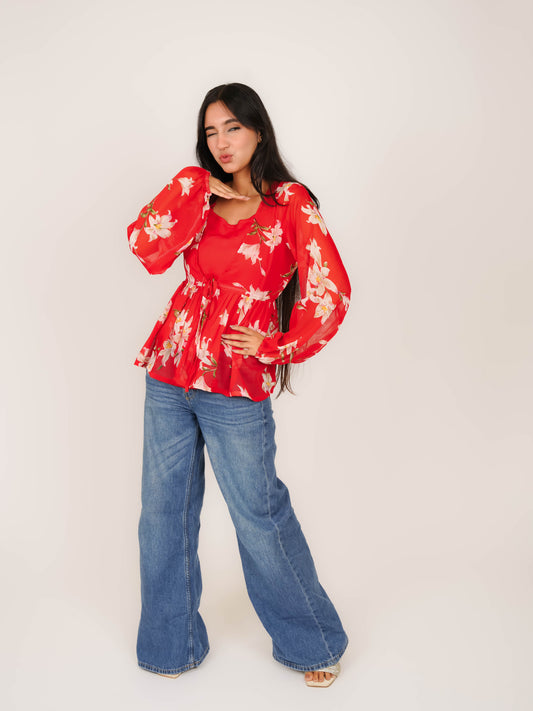 MONOMEE JULIET RED PUFF SLEEVE TOP WITH SLIP