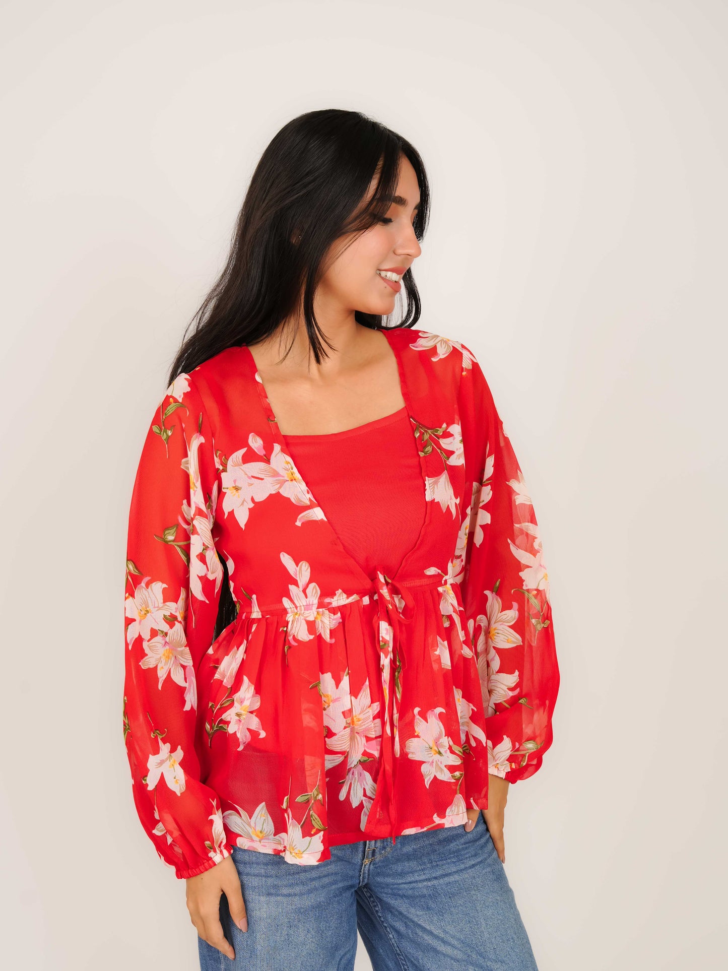 MONOMEE JULIET RED PUFF SLEEVE TOP WITH SLIP