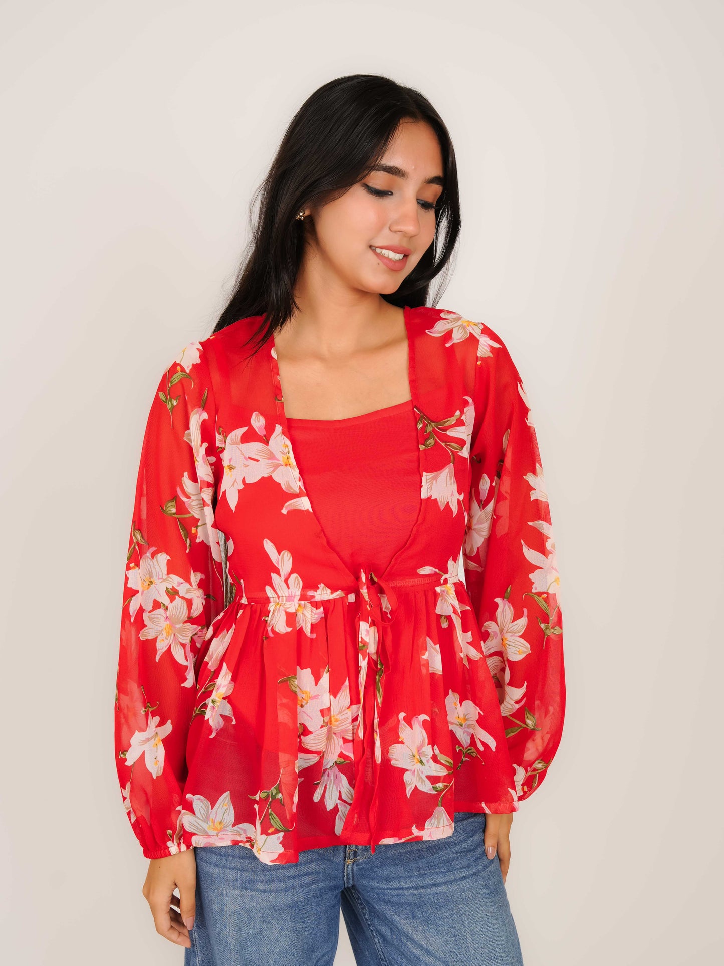 MONOMEE JULIET RED PUFF SLEEVE TOP WITH SLIP