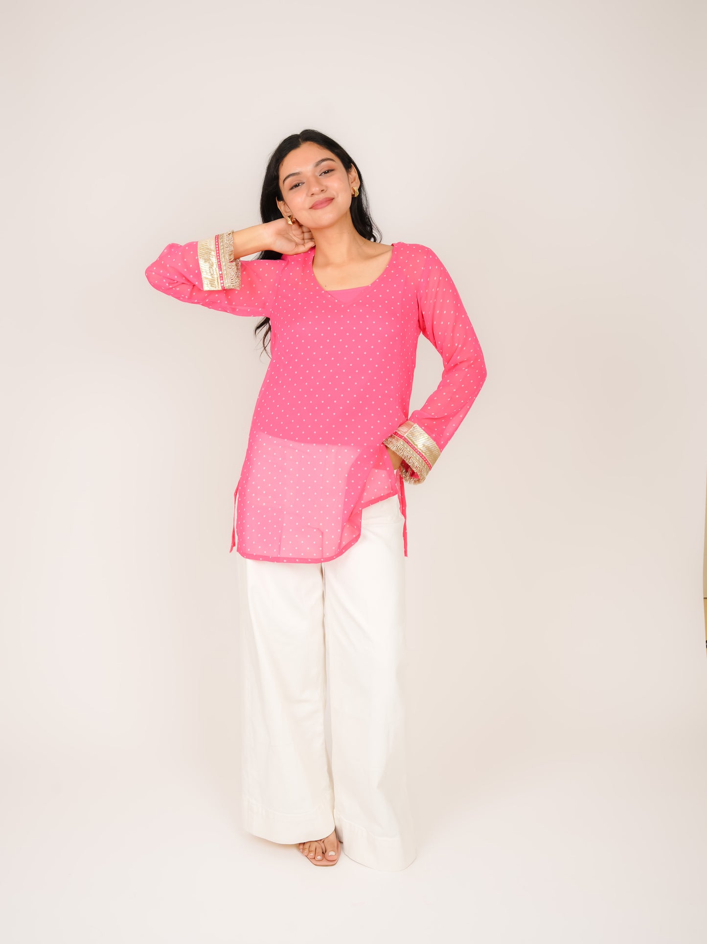 MONOMEE AVNI PINK POLKA DOT SHORT KURTI WITH CREPE SLIP