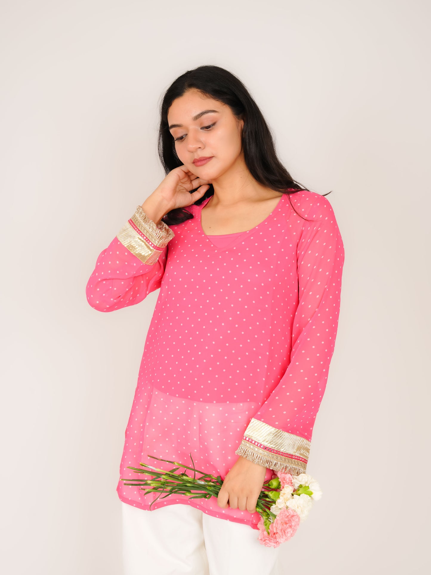 MONOMEE AVNI PINK POLKA DOT SHORT KURTI WITH CREPE SLIP