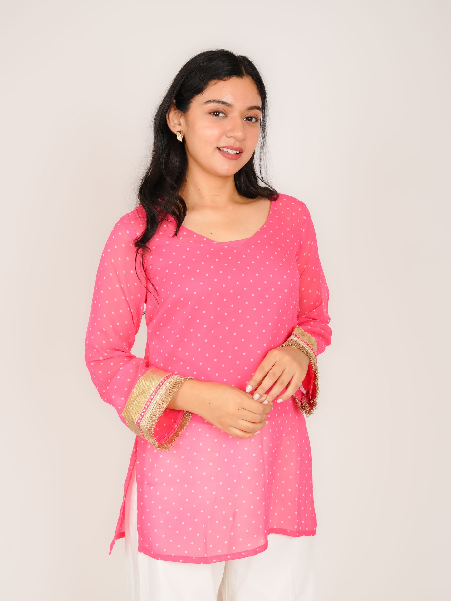 MONOMEE AVNI PINK POLKA DOT SHORT KURTI WITH CREPE SLIP