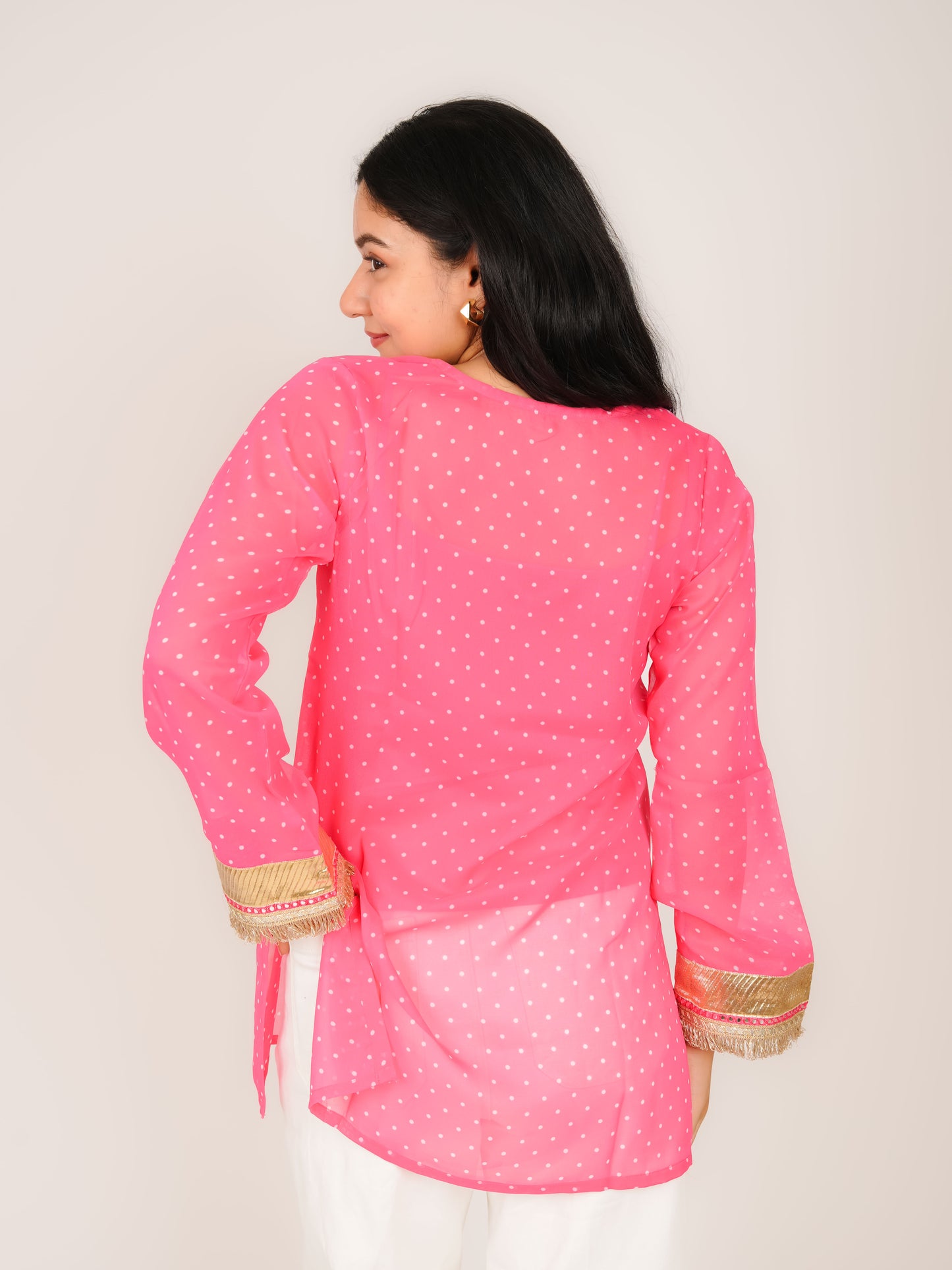 MONOMEE AVNI PINK POLKA DOT SHORT KURTI WITH CREPE SLIP