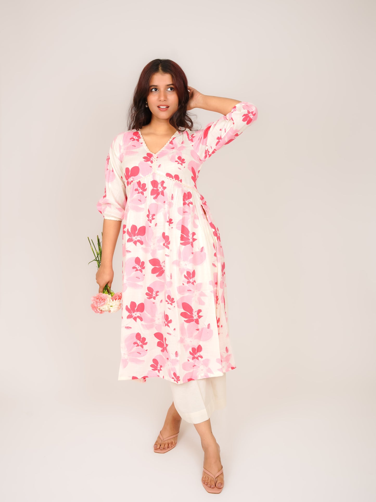 MONOMEE TIYA PINK FLORAL NAYRA CUT LACE KURTI