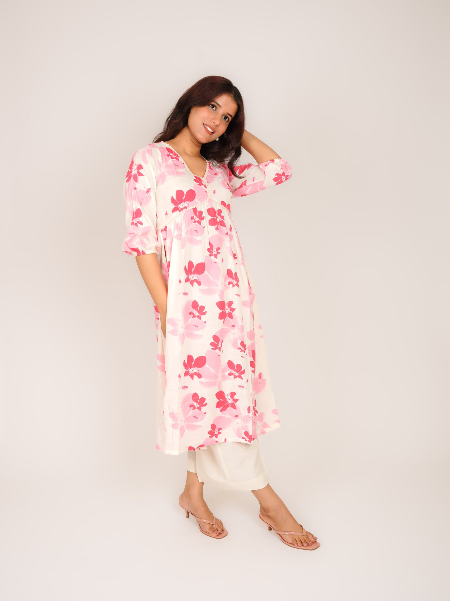MONOMEE TIYA PINK FLORAL NAYRA CUT LACE KURTI