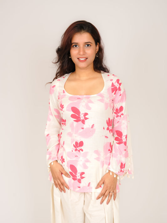 MONOMEE SIA PINK FLORAL BELL SLEEVE KURTI