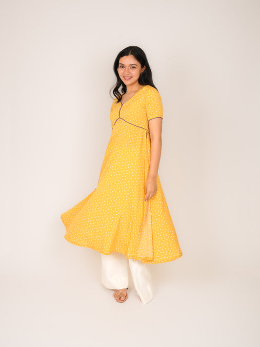 MONOMEE AISHA YELLOW POLKA DOT A-LINE KURTI
