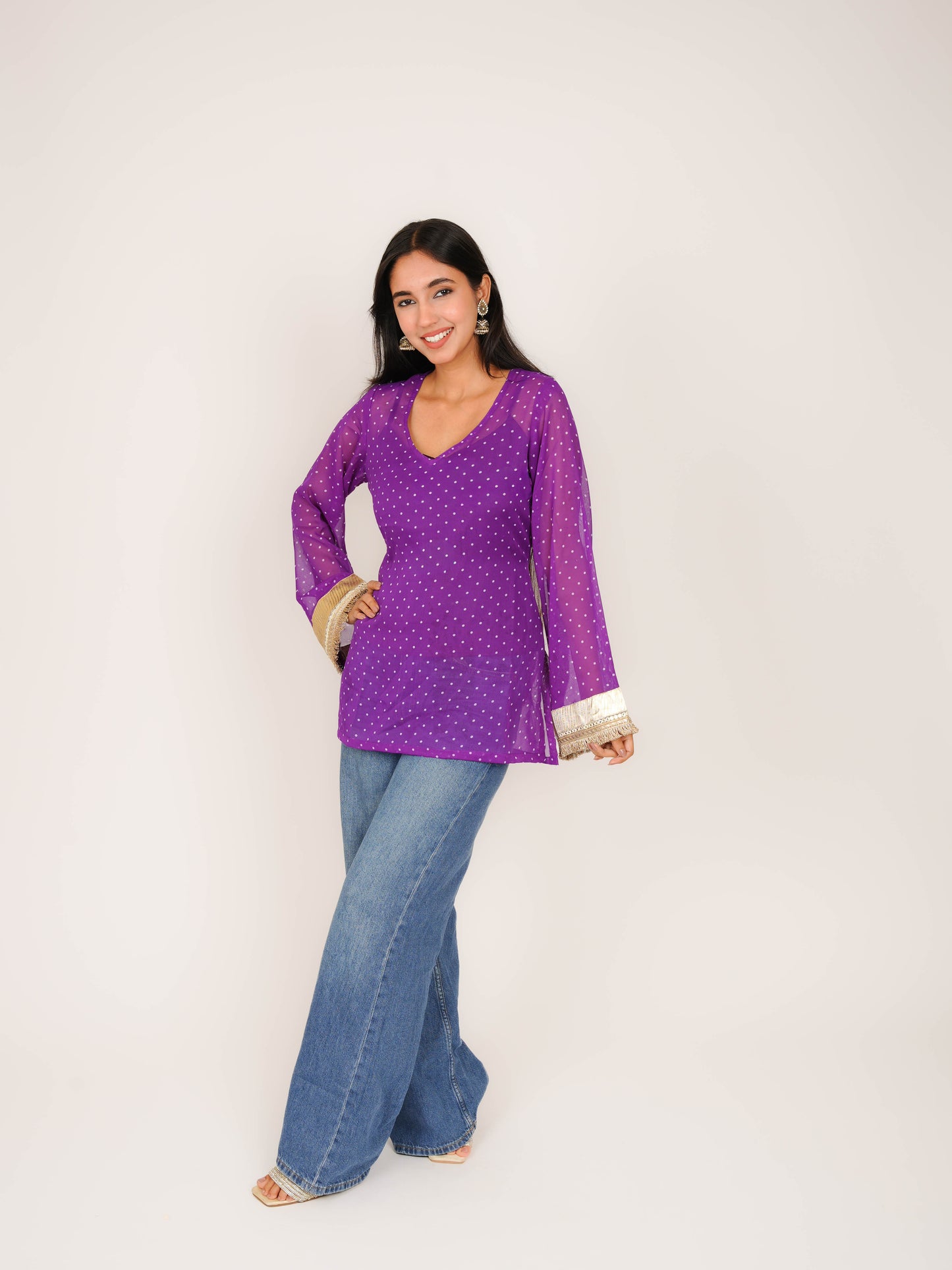 MONOMEE RUHI PURPLE POLKA DOT SHORT KURTI WITH CREPE SLIP