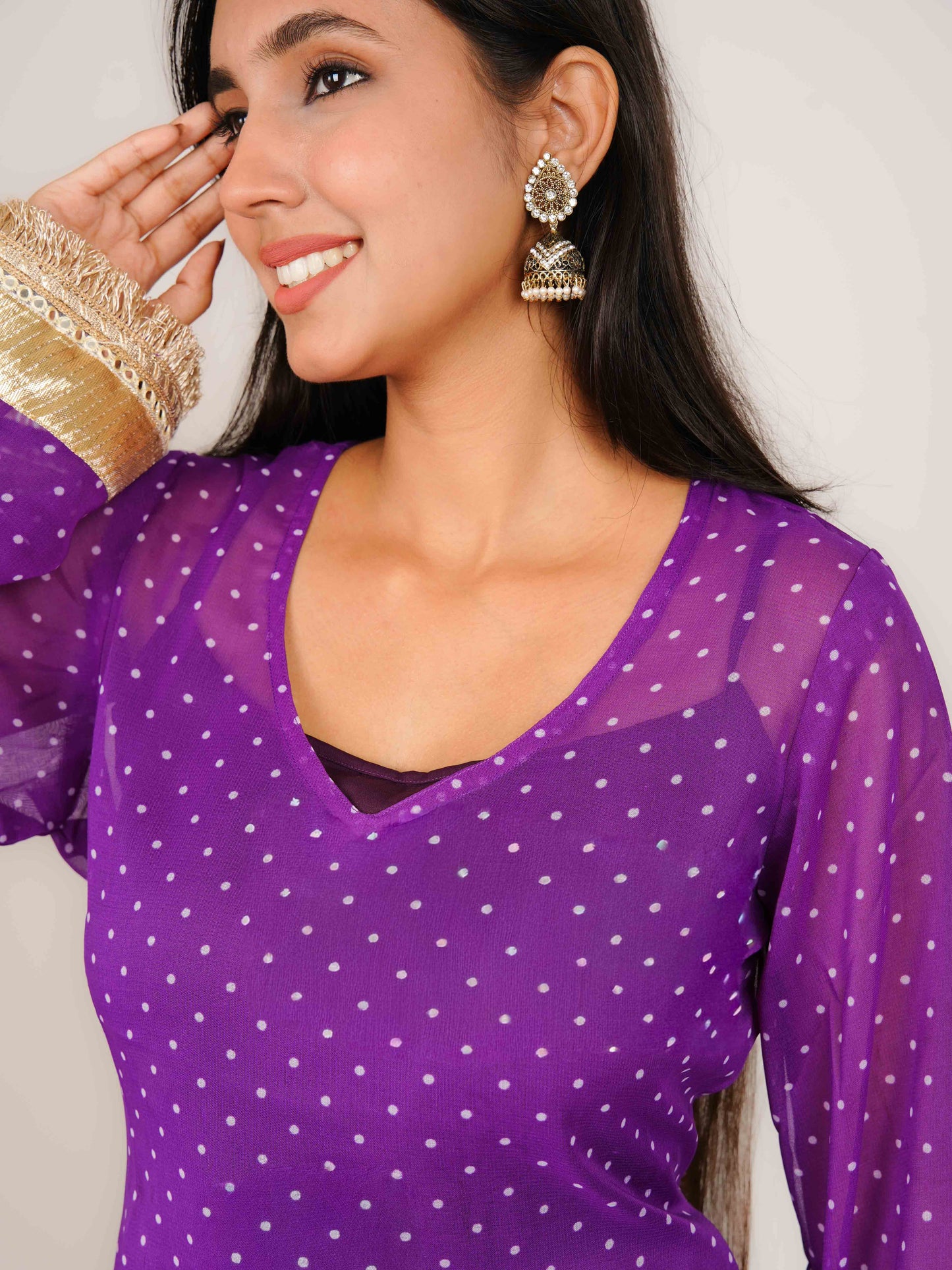MONOMEE RUHI PURPLE POLKA DOT SHORT KURTI WITH CREPE SLIP