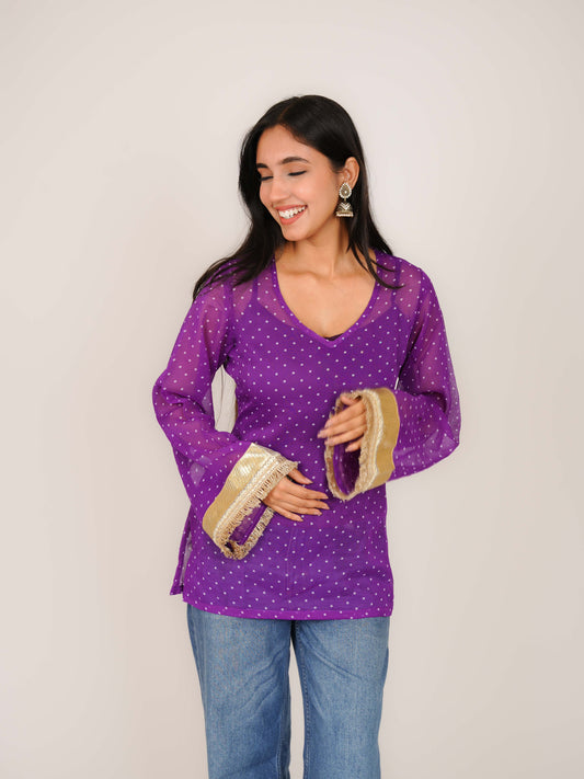 MONOMEE RUHI PURPLE POLKA DOT SHORT KURTI WITH CREPE SLIP