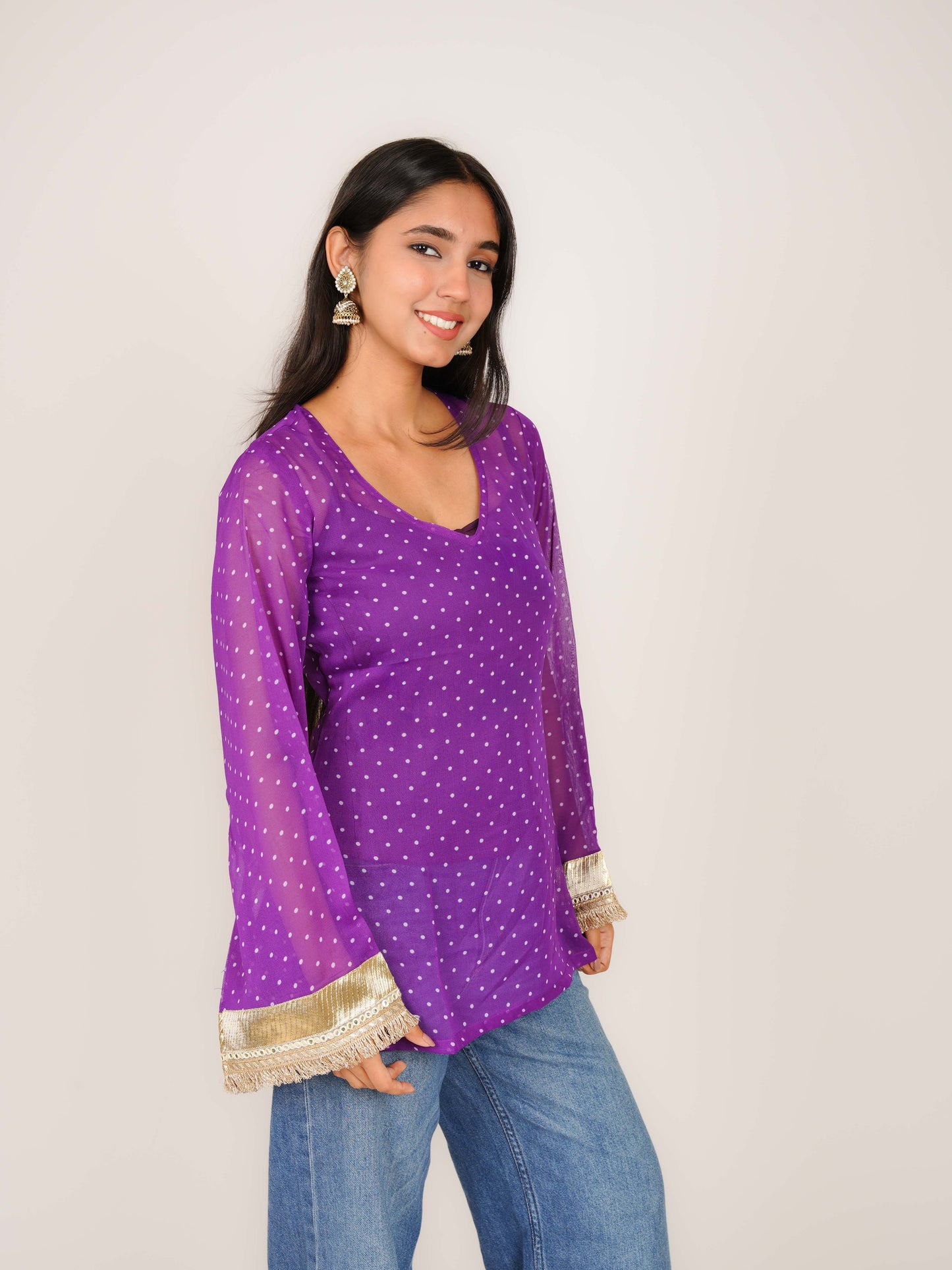 MONOMEE RUHI PURPLE POLKA DOT SHORT KURTI WITH CREPE SLIP