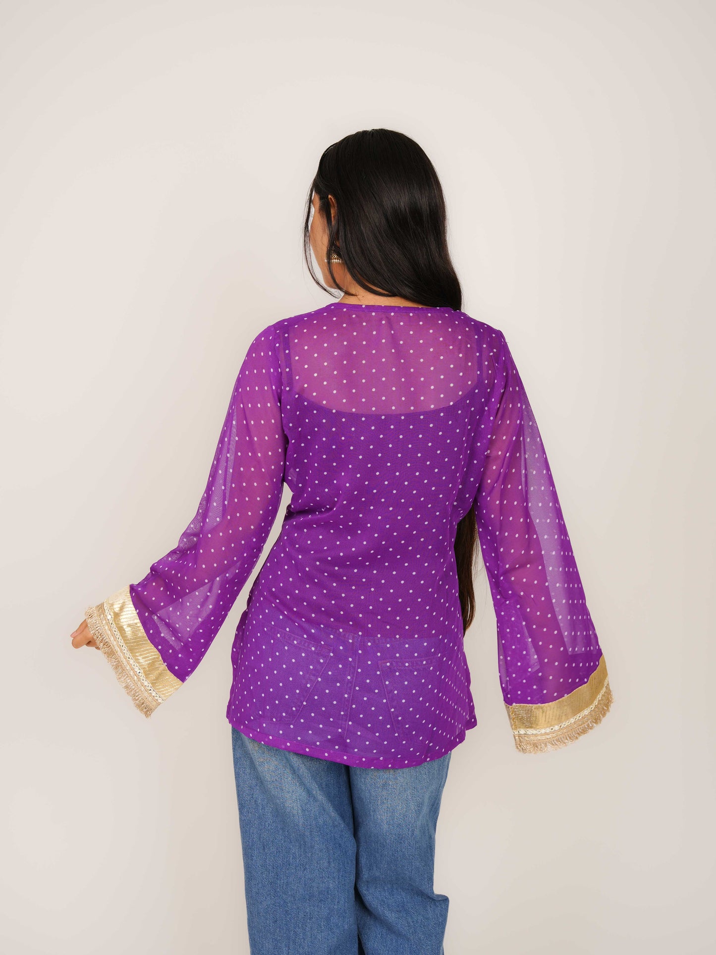 MONOMEE RUHI PURPLE POLKA DOT SHORT KURTI WITH CREPE SLIP
