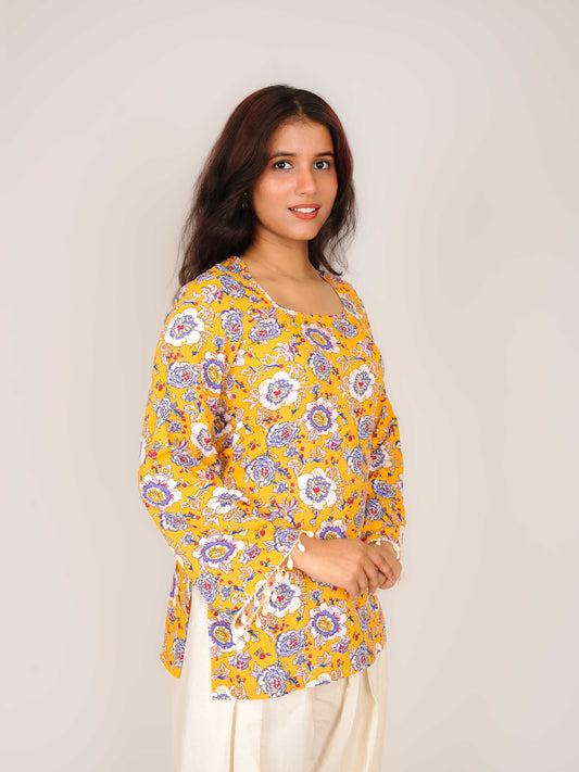 MONOMEE NAISHA YELLOW FLORAL BELL SLEEVE KURTI