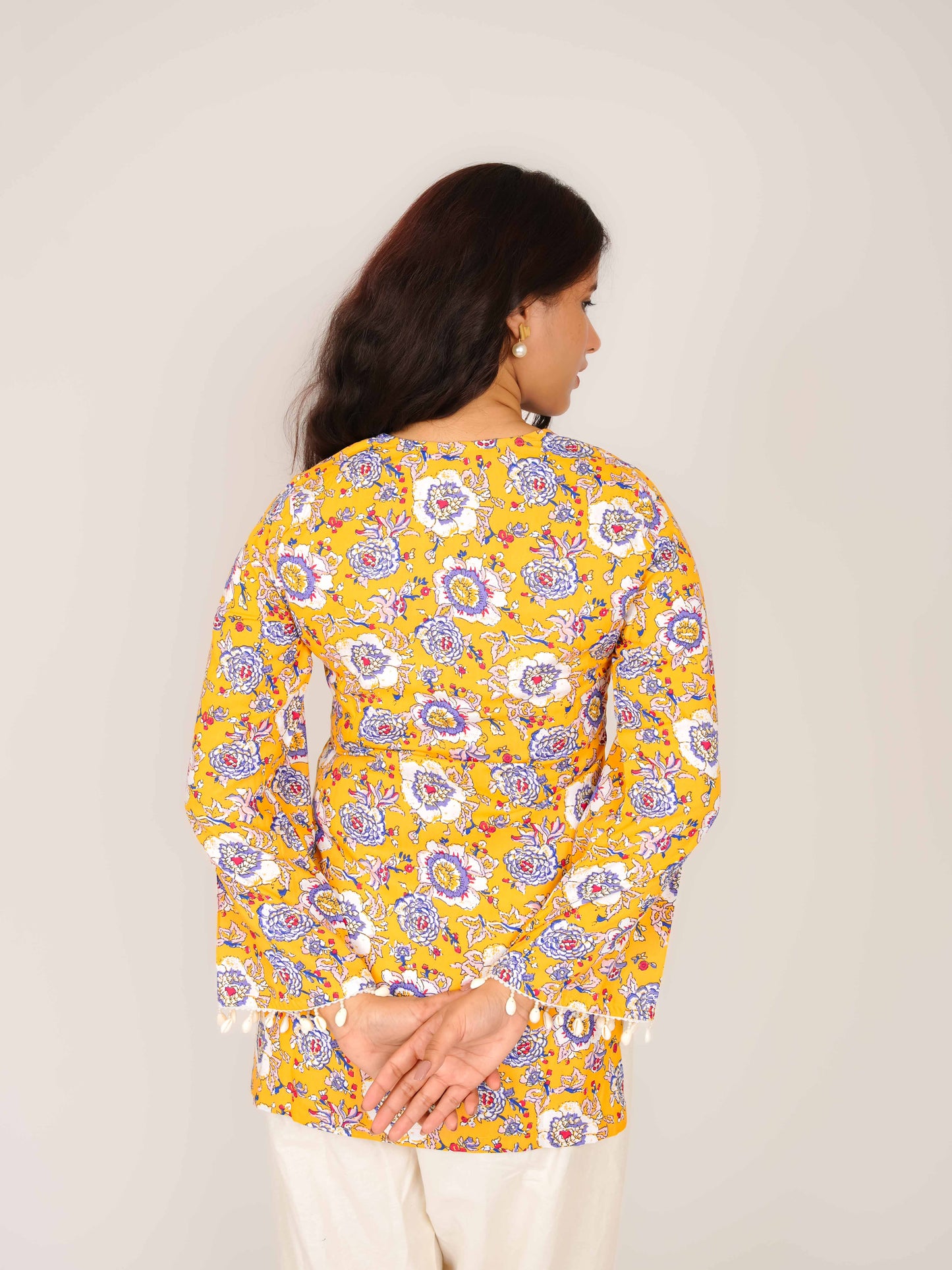 MONOMEE NAISHA YELLOW FLORAL BELL SLEEVE KURTI