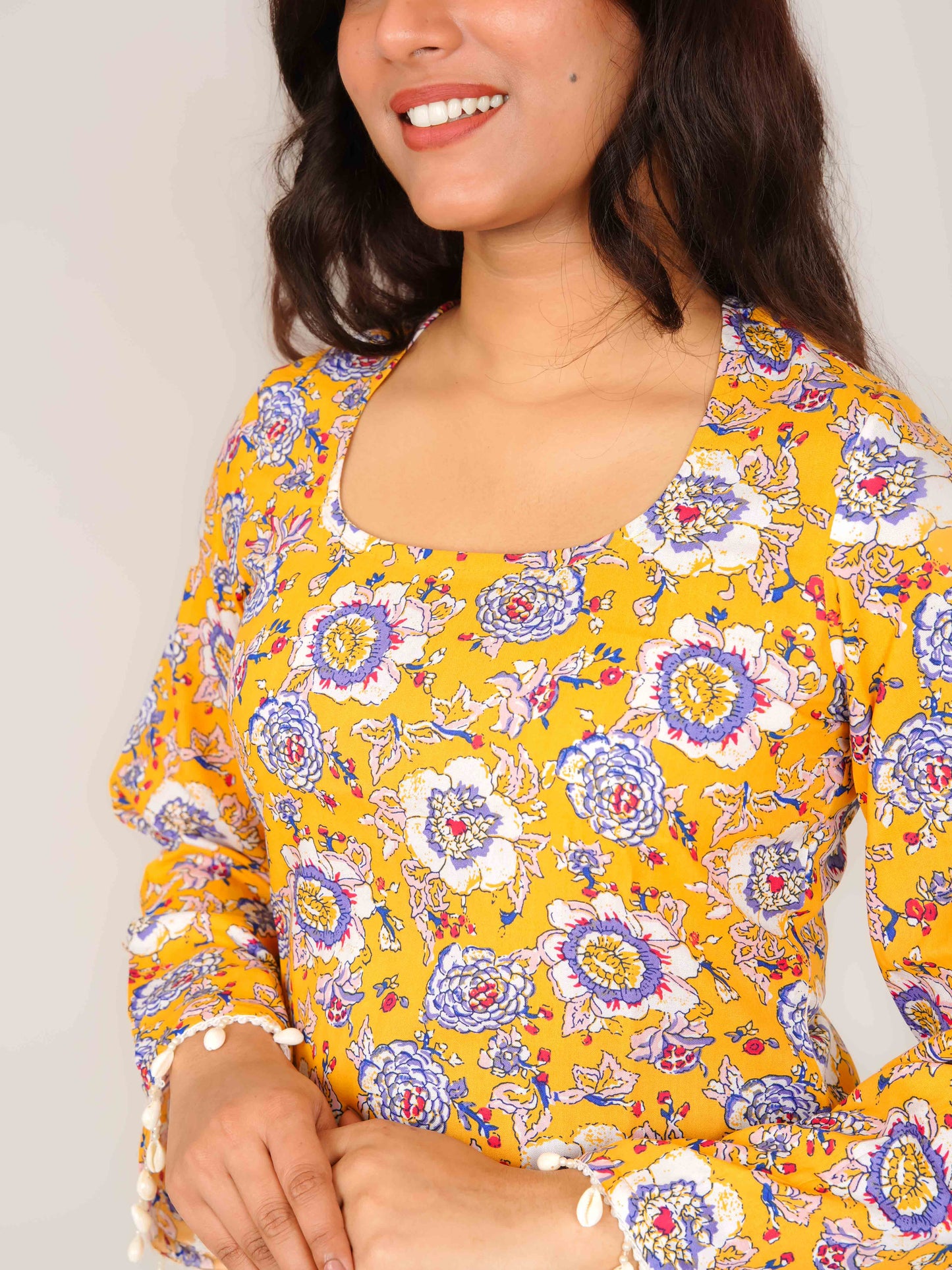 MONOMEE NAISHA YELLOW FLORAL BELL SLEEVE KURTI