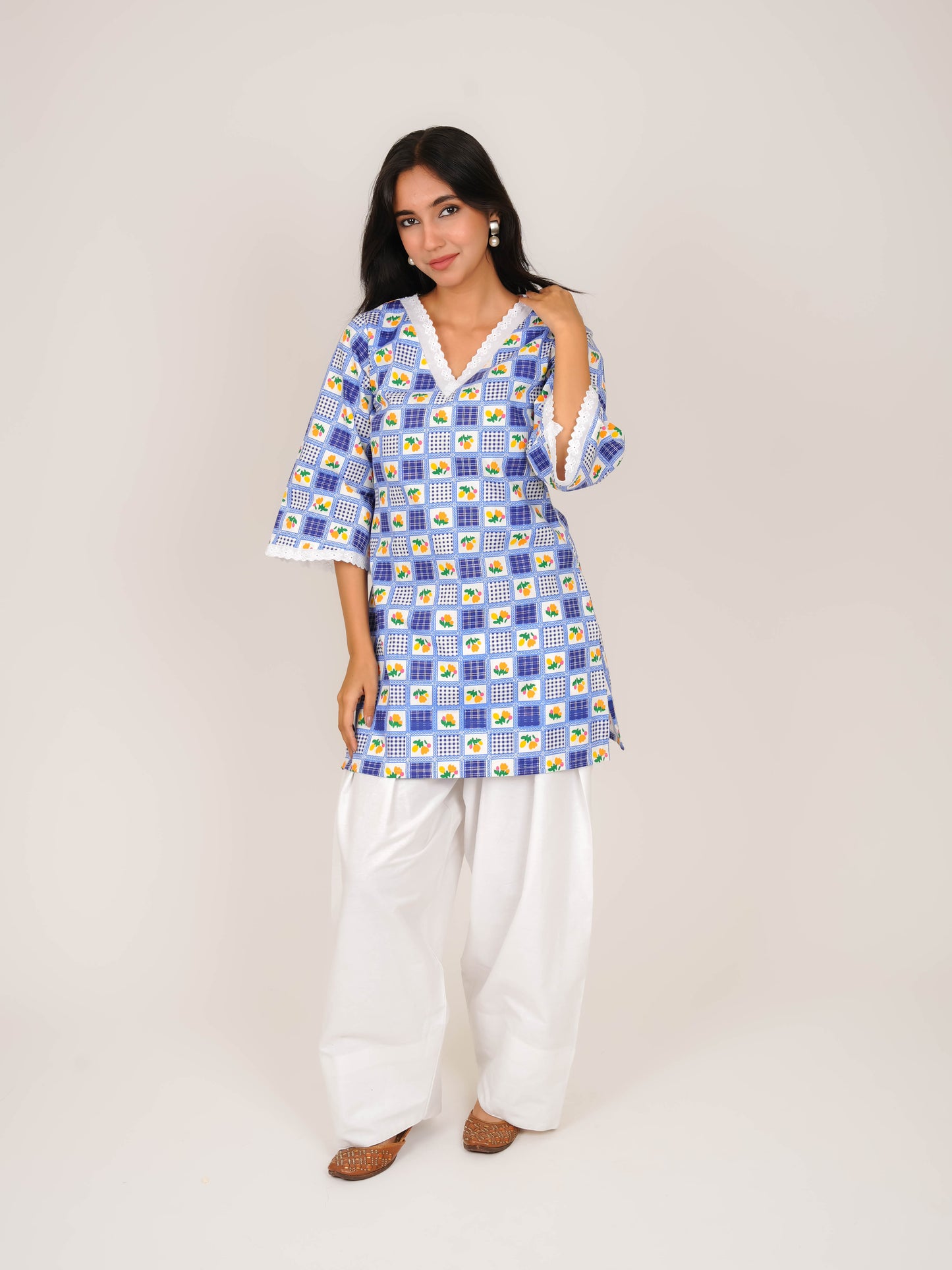MONOMEE LAVYA BLUE GINGHAM BELL SLEEVE SHORT KURTI