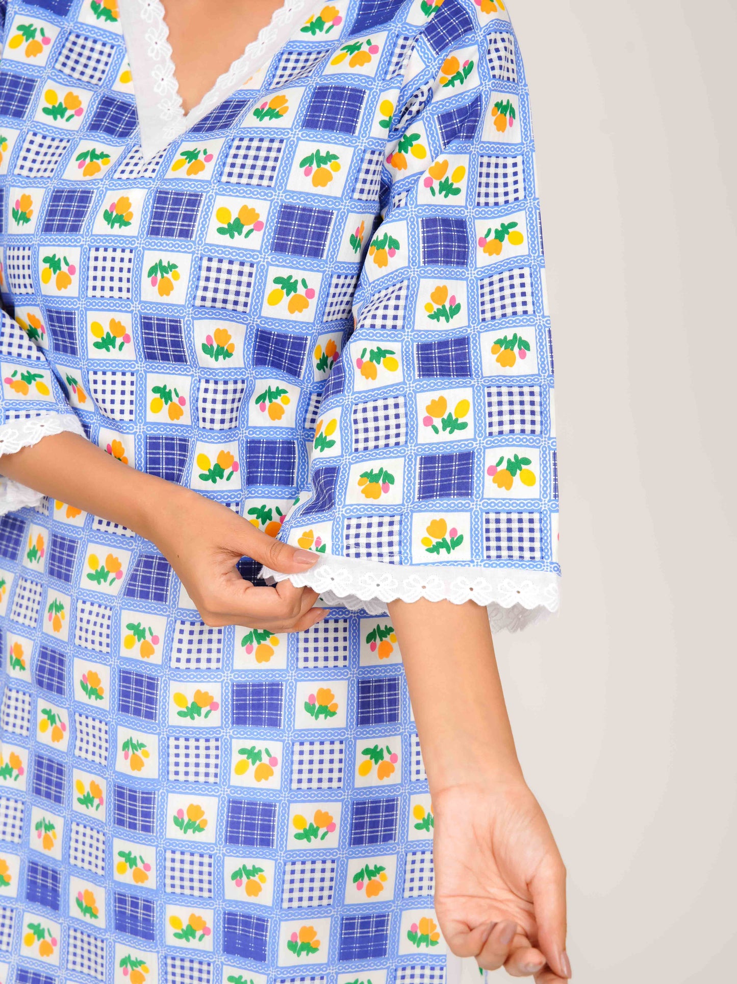 MONOMEE LAVYA BLUE GINGHAM BELL SLEEVE SHORT KURTI