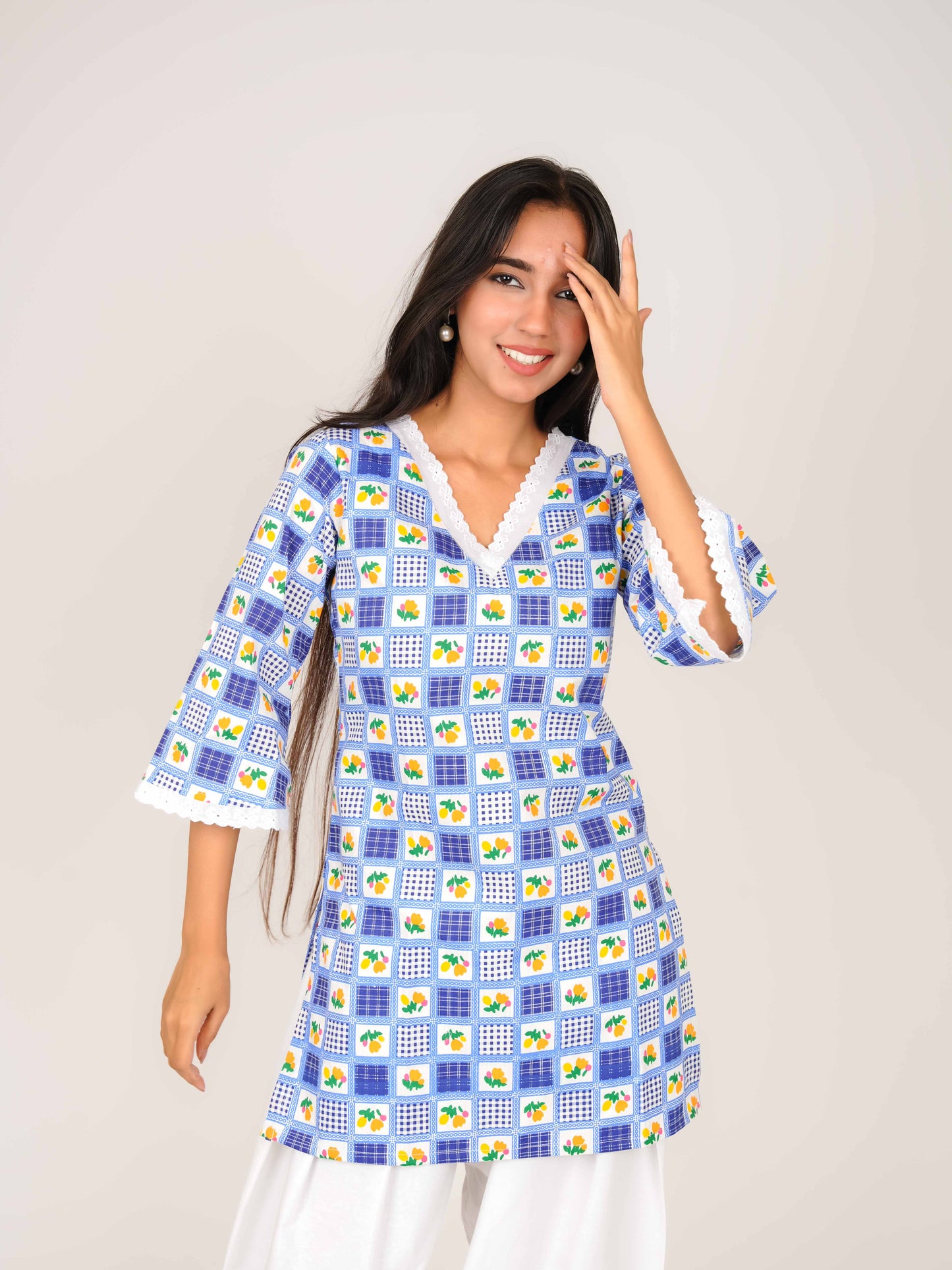 MONOMEE LAVYA BLUE GINGHAM BELL SLEEVE SHORT KURTI