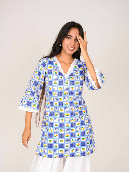 MONOMEE LAVYA BLUE GINGHAM BELL SLEEVE SHORT KURTI