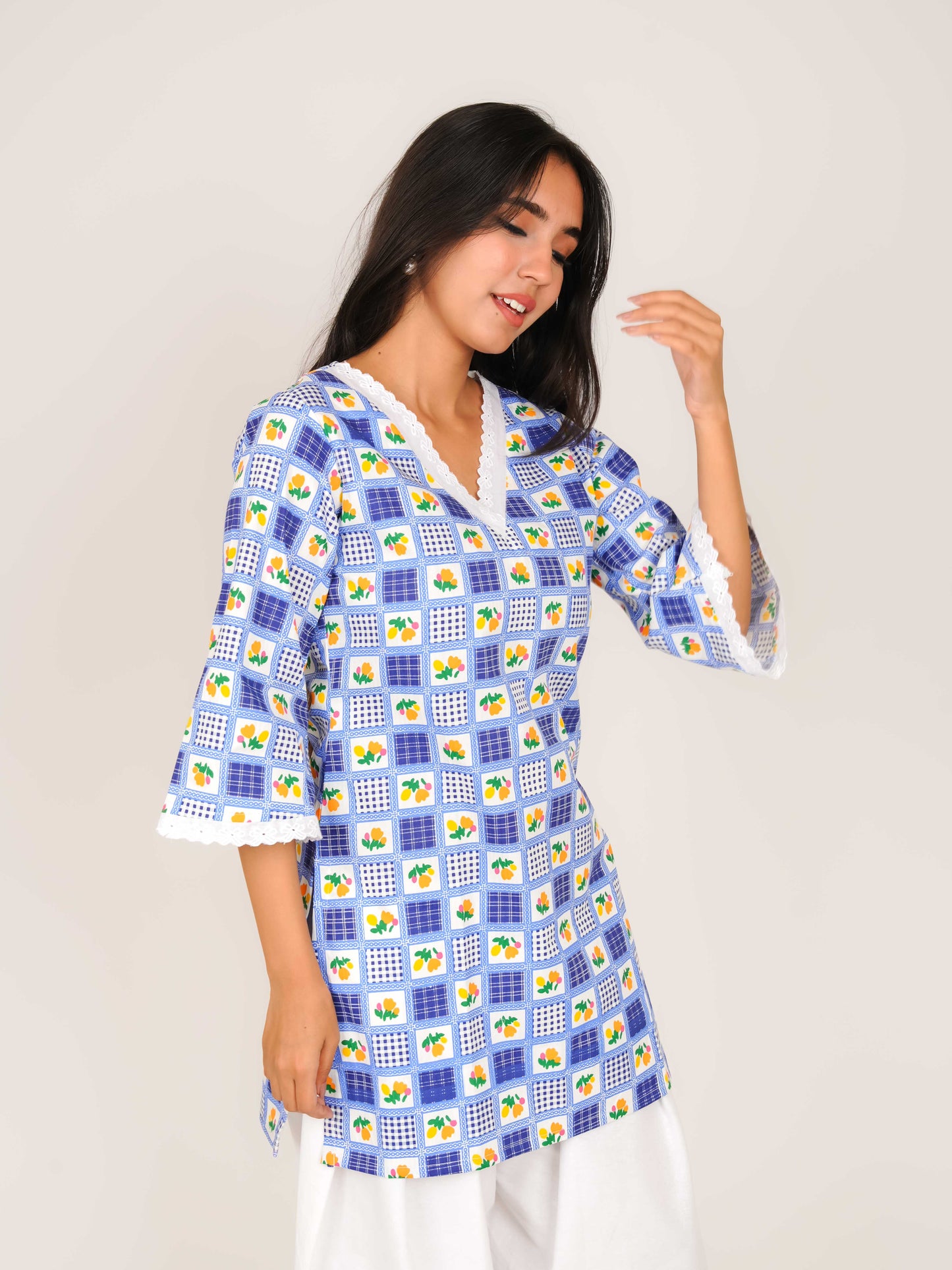 MONOMEE LAVYA BLUE GINGHAM BELL SLEEVE SHORT KURTI