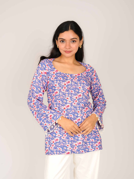 MONOMEE AARINI BLUE FLORAL BELL SLEEVE KURTI