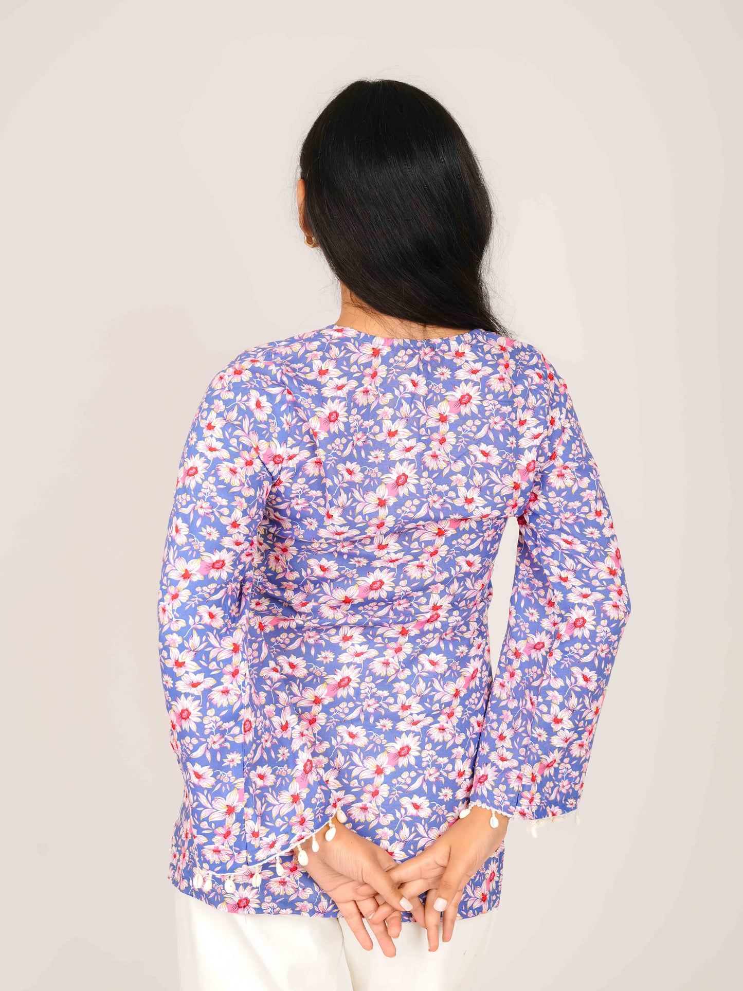 MONOMEE AARINI BLUE FLORAL BELL SLEEVE KURTI