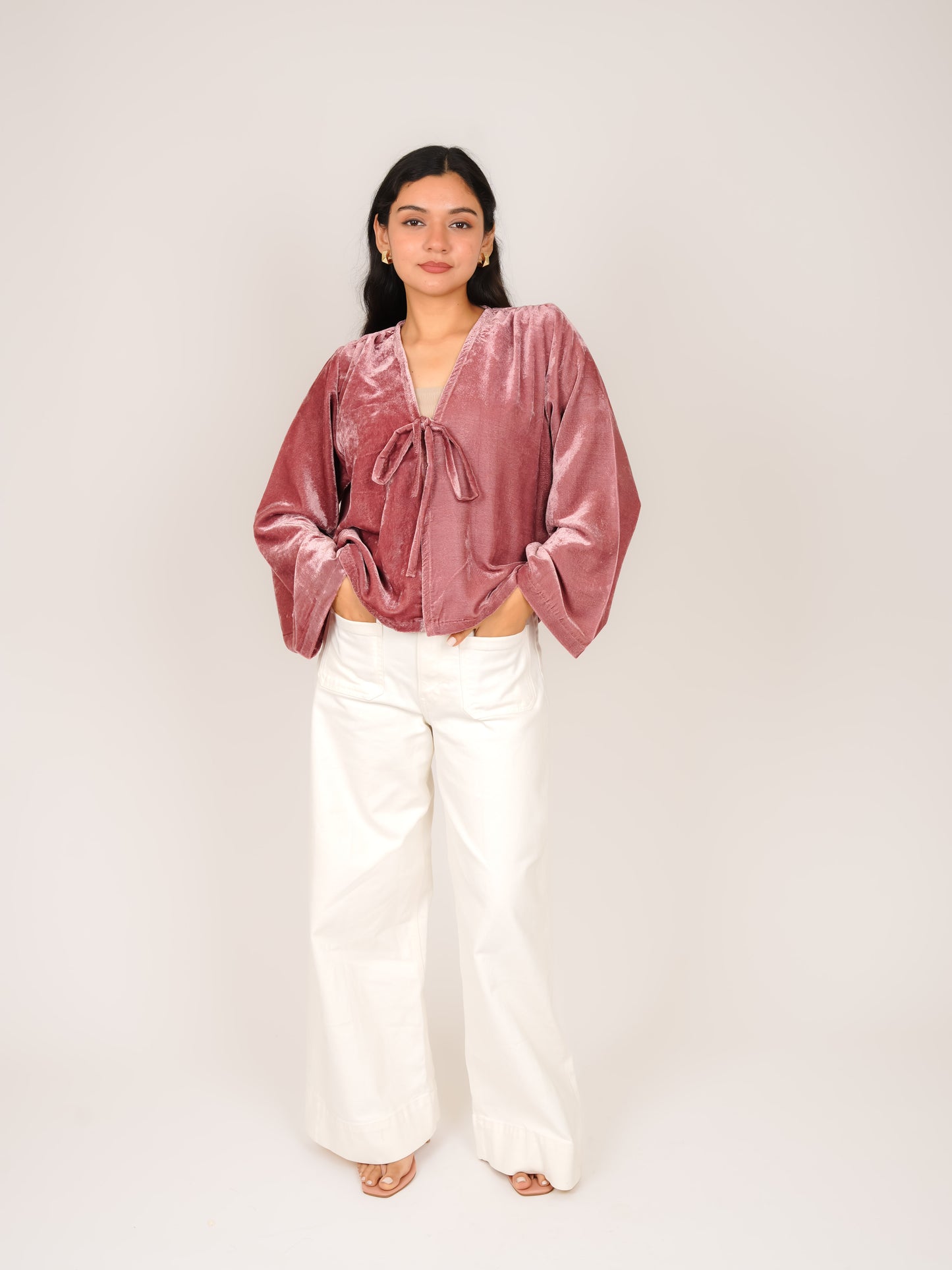 MONOMEE REIGN PINK VELVET BELL SLEEVE BOW TIE TOP