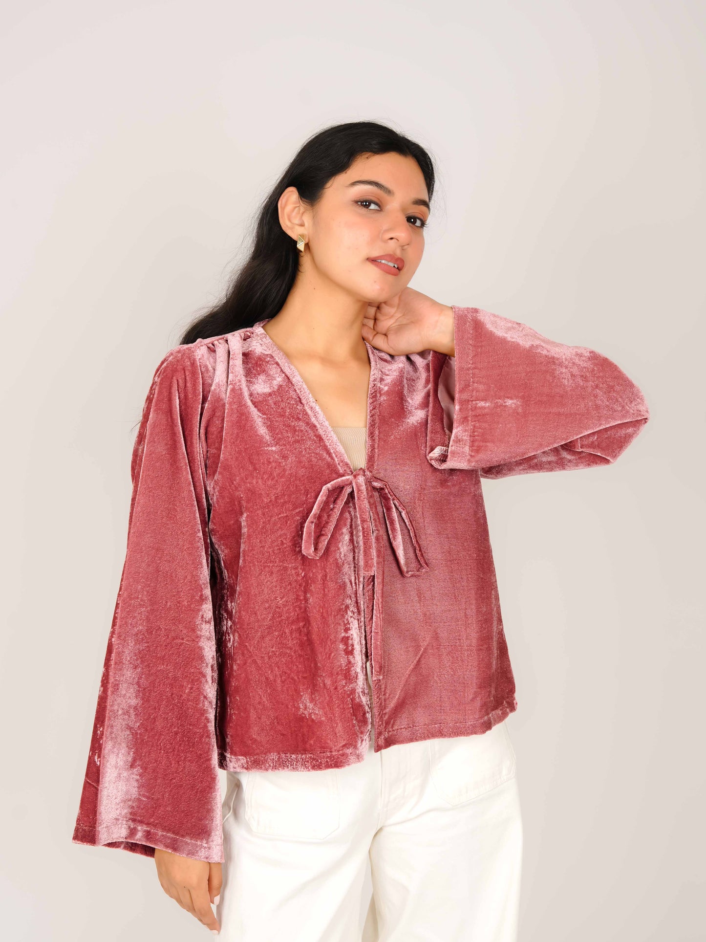 MONOMEE REIGN PINK VELVET BELL SLEEVE BOW TIE TOP