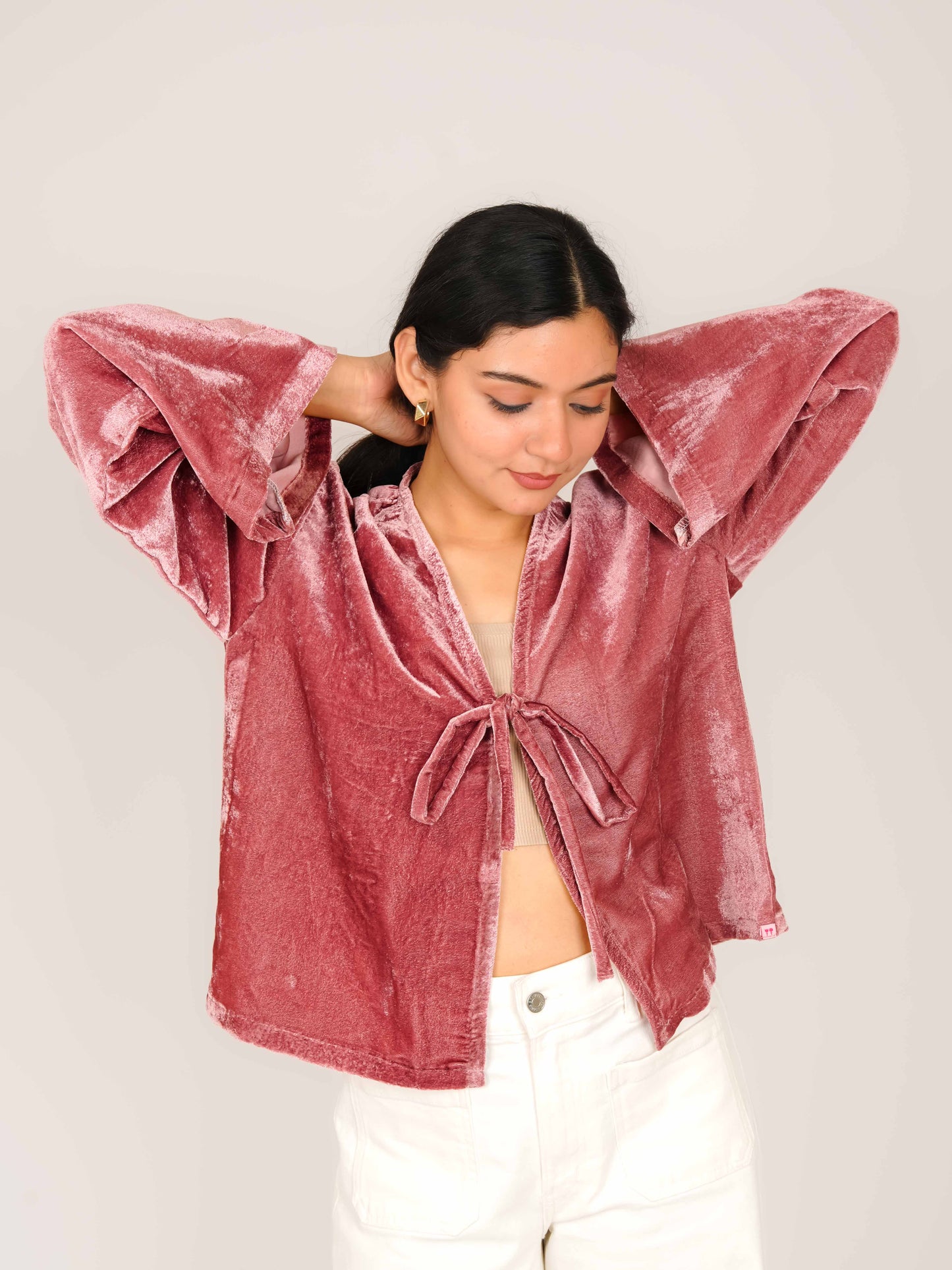 MONOMEE REIGN PINK VELVET BELL SLEEVE BOW TIE TOP