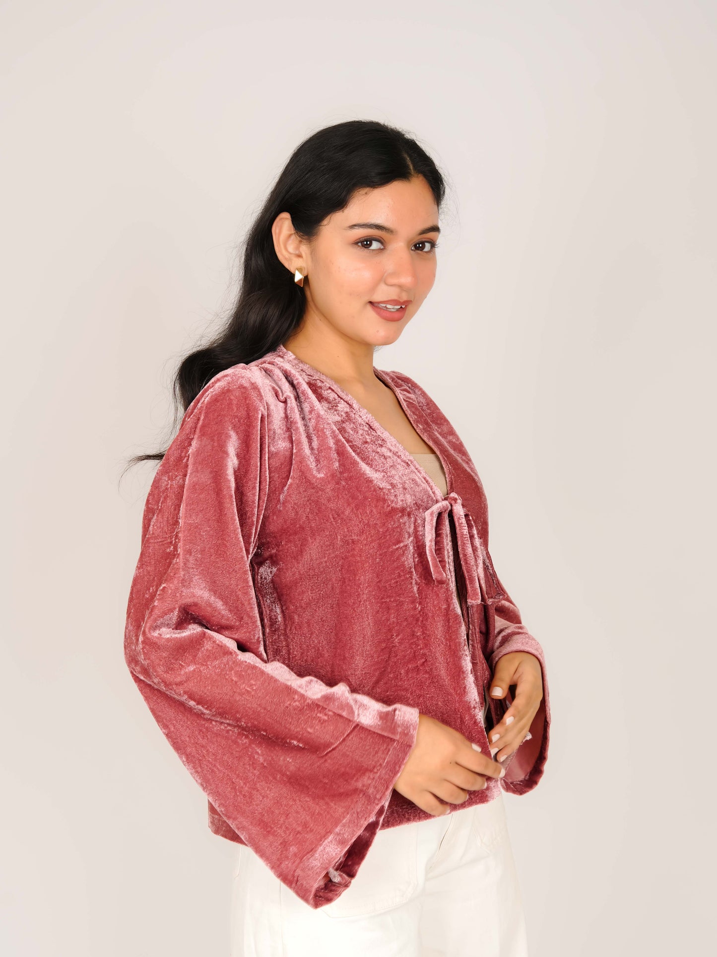 MONOMEE REIGN PINK VELVET BELL SLEEVE BOW TIE TOP