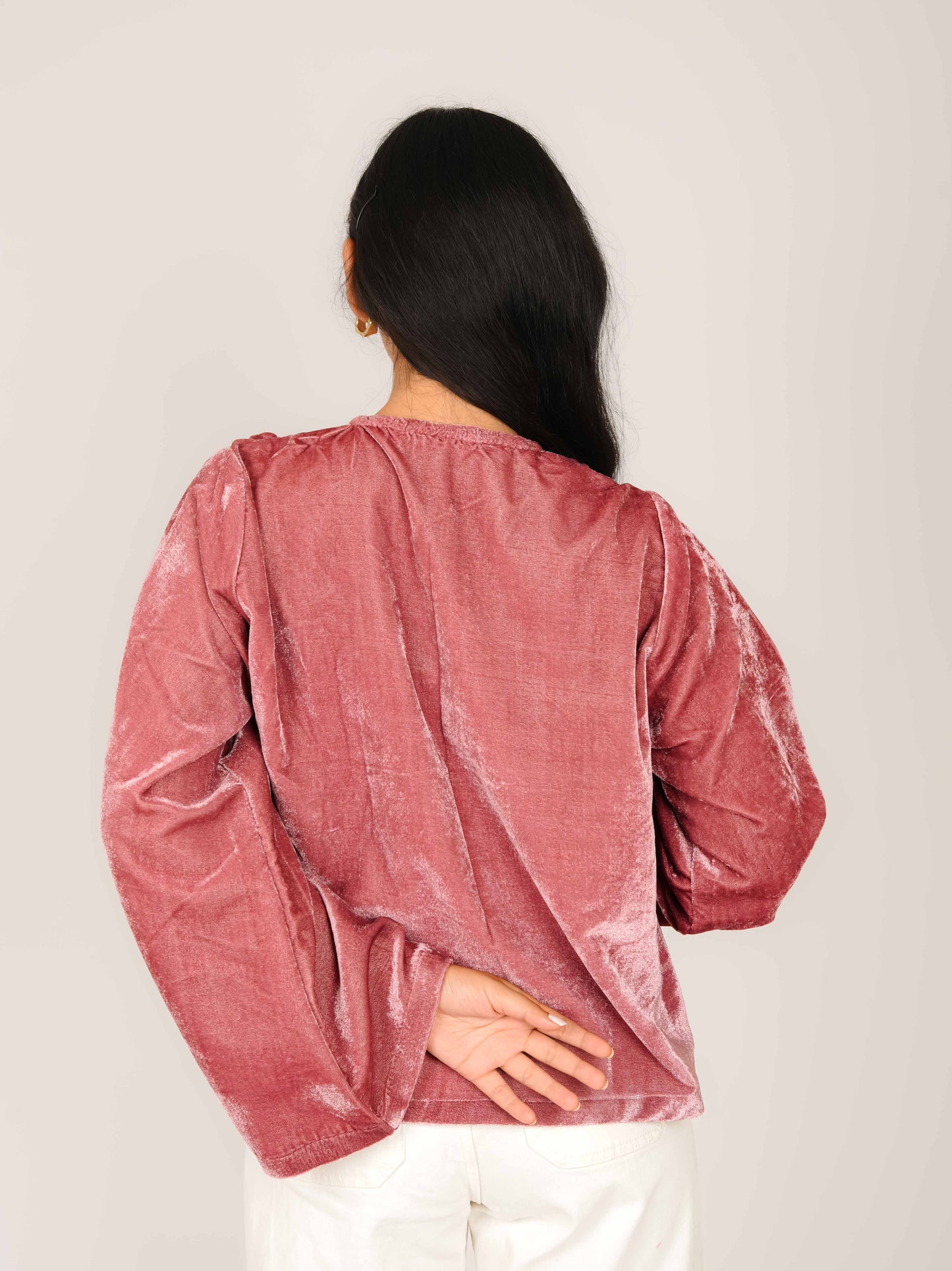 MONOMEE REIGN PINK VELVET BELL SLEEVE BOW TIE TOP