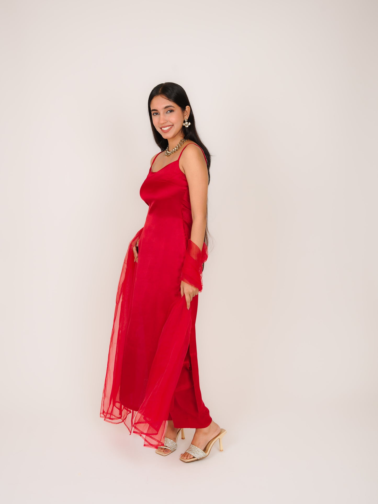 IRAAYA RED SATIN NOODLE STRAP KURTA WITH TROUSERS & DUPATTA