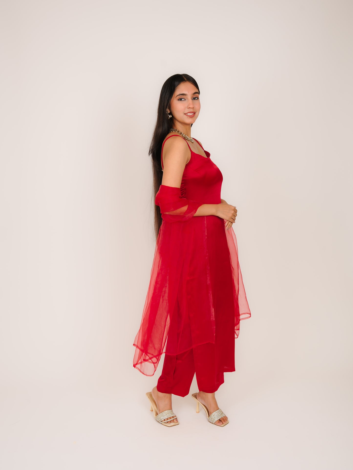 IRAAYA RED SATIN NOODLE STRAP KURTA WITH TROUSERS & DUPATTA