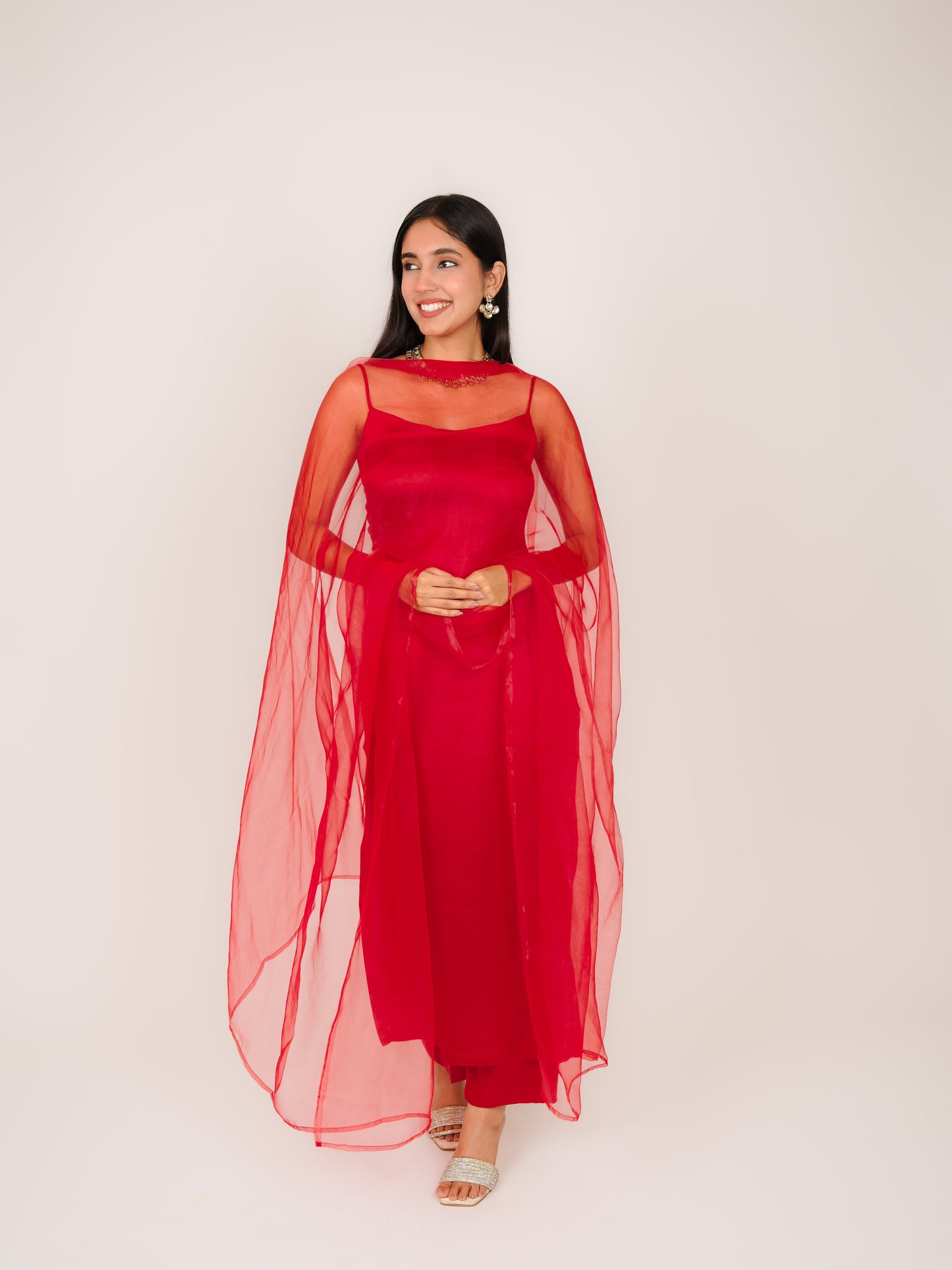 IRAAYA RED SATIN NOODLE STRAP KURTA WITH TROUSERS & DUPATTA